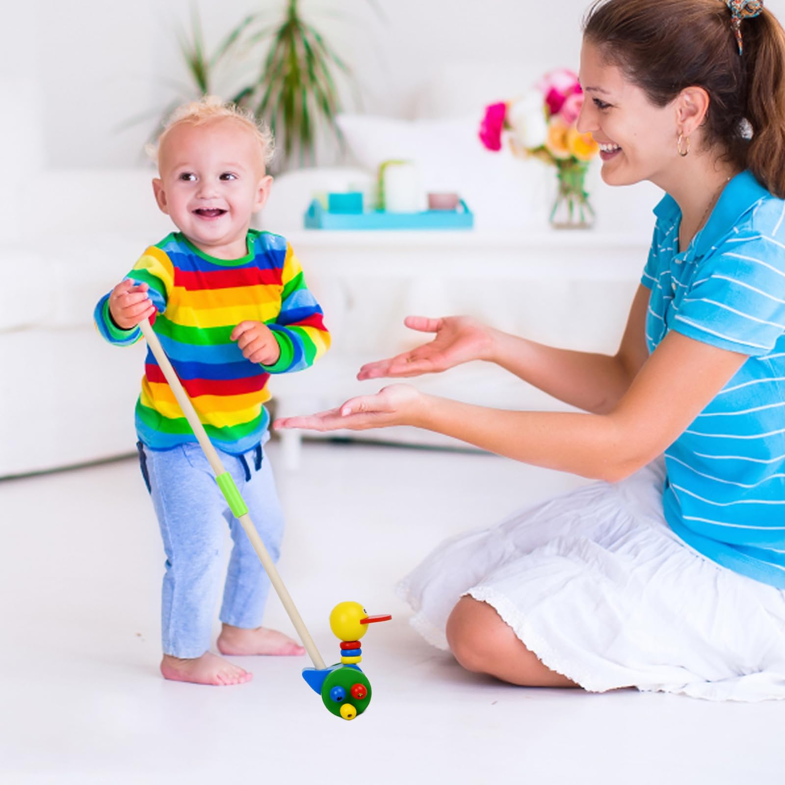 A Spingere Stick Anatra, Giochi Trainabili Bambini, Animale da Spingere Anatra con Testa Mobile in Legno, Giocattolo di Legno, PE Bambini dai 18 Mesi