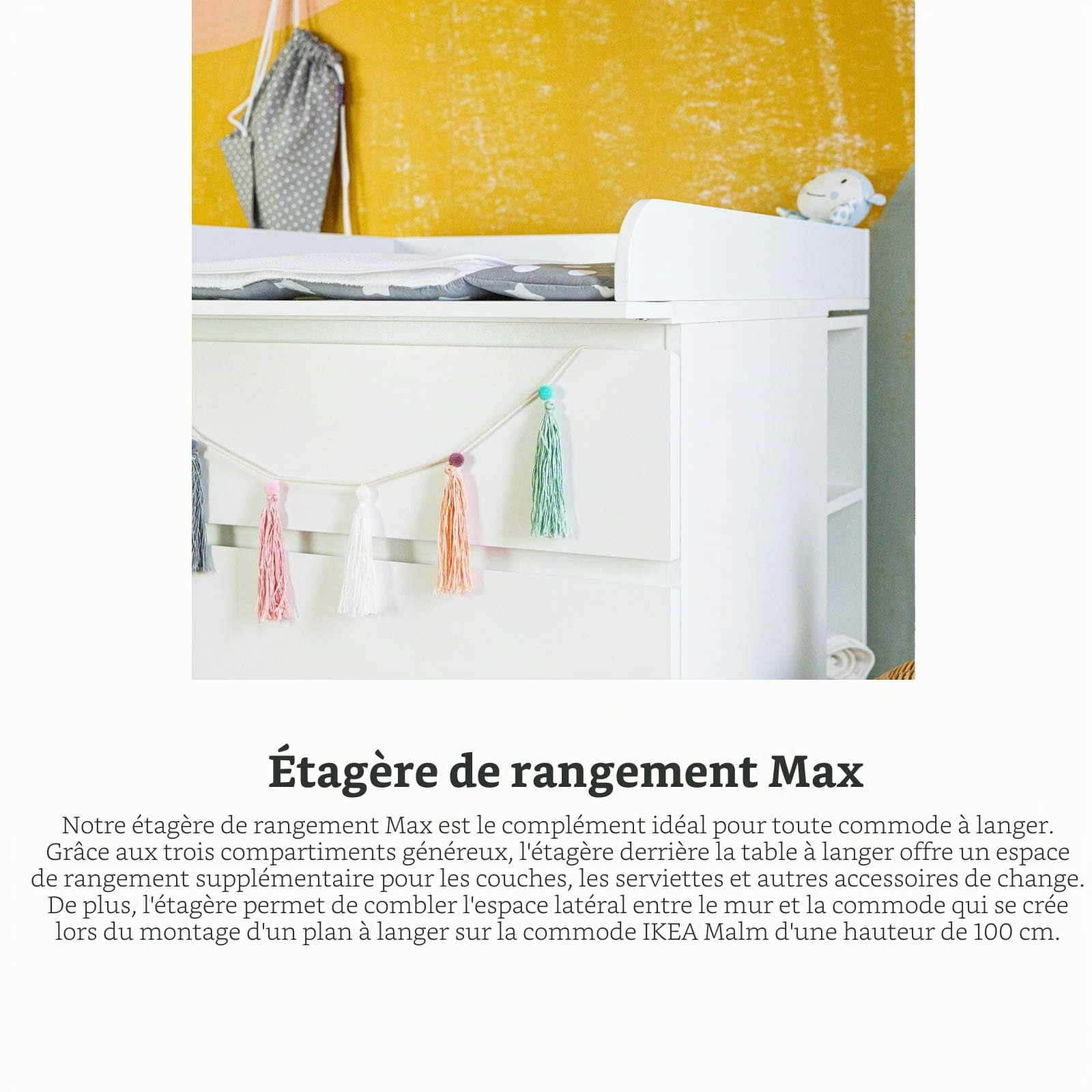 Puckdaddy® Étagère de Rangement Max, pour Commode Malm, Blanc, Chambre | Pour commode IKEA Malm, MDF, blanc, étagère à compartiments, étagère de rangement, dimensions 19×30×98 cm