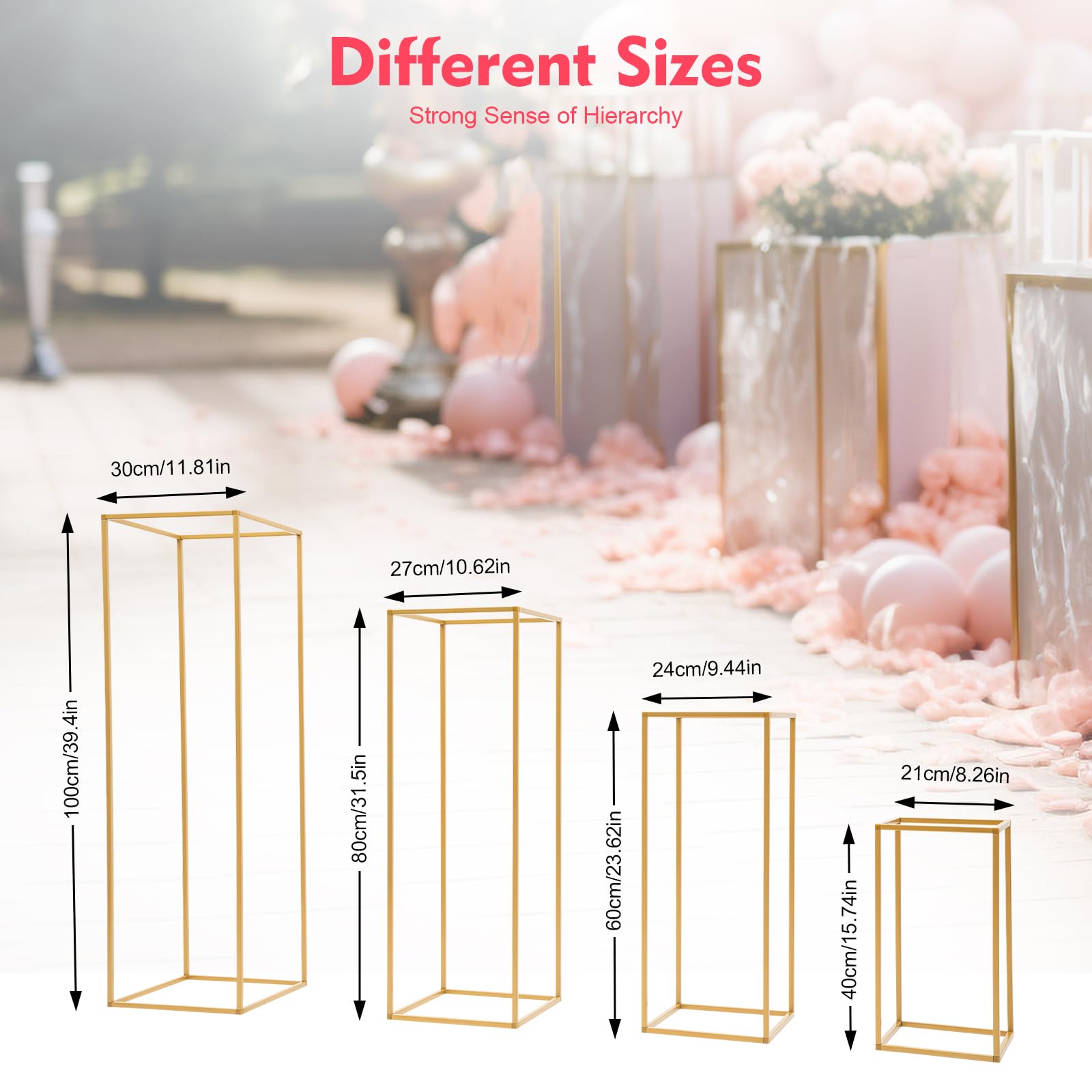 Juego de 4 soportes de metal para flores, altura dorada, para mesas de boda, decoración del hogar, 40-100 cm