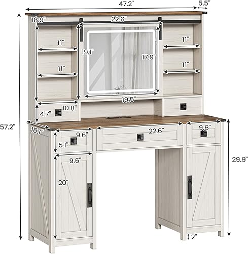 Miniatura 2 de AOGLLATI Escritorio de maquillaje de granja con luces y estación de carga, escritorio de tocador con espejo y luces, mesa grande de tocador marrón