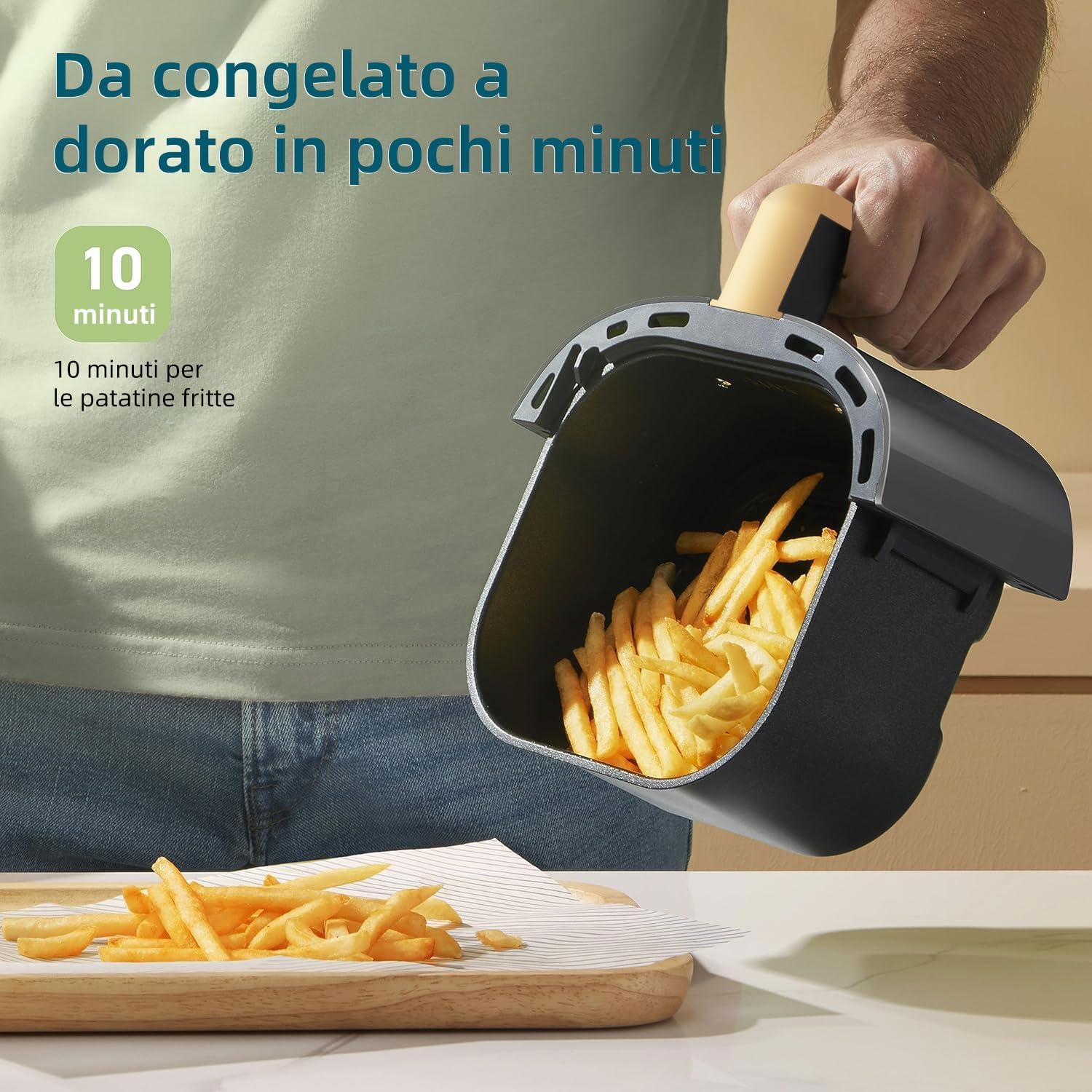 Friggitrice ad Aria 4.8L SMART·J Nera, 1400W, Display Touch, 6 Programmi, Spegnimento Automatico – Include 50 Vassoi Carta Forno Compatibili