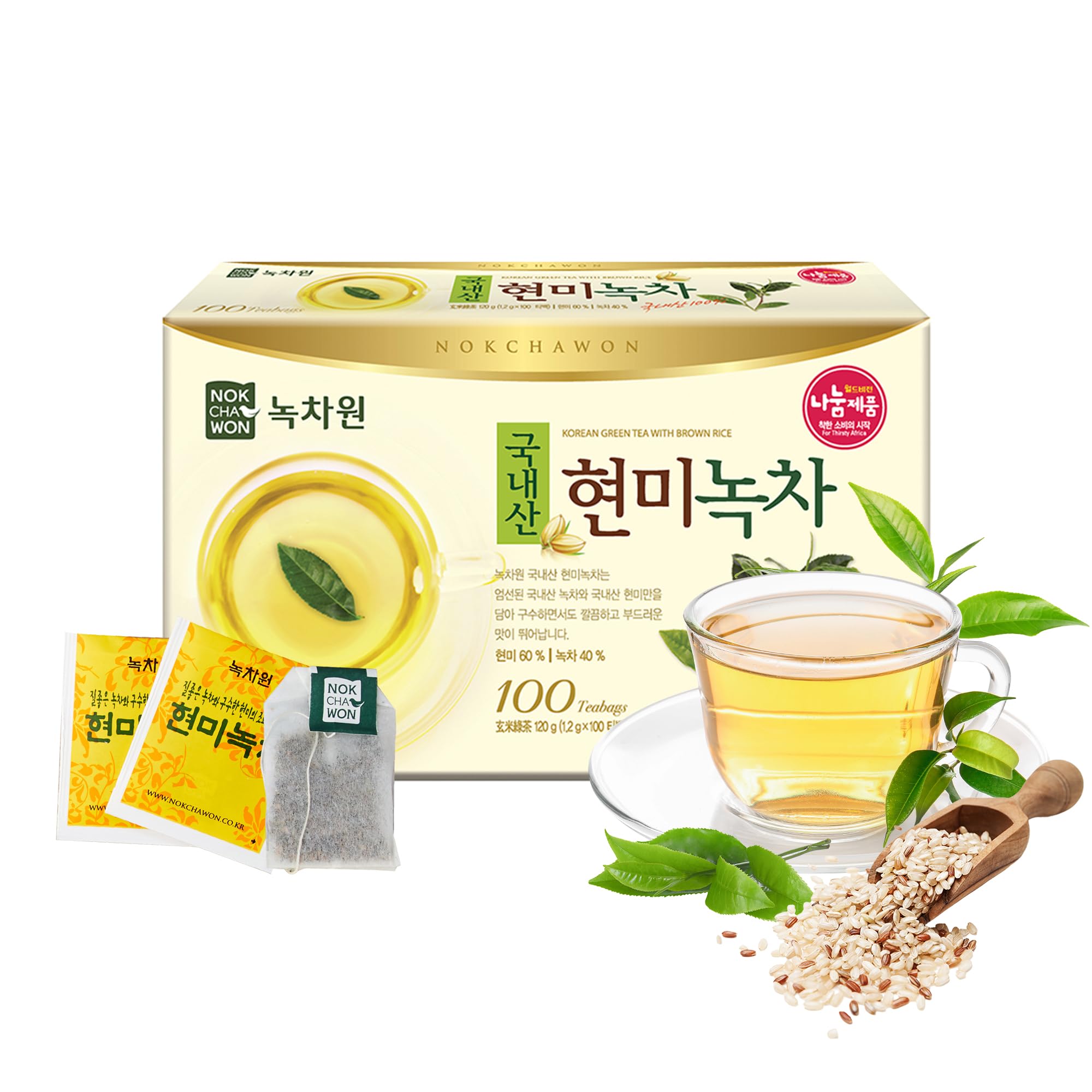 [Nokchawon] Brown Rice Green Tea, Genmaicha, Premium Pure Green Tea, 100 Count, 4.2oz(120g)