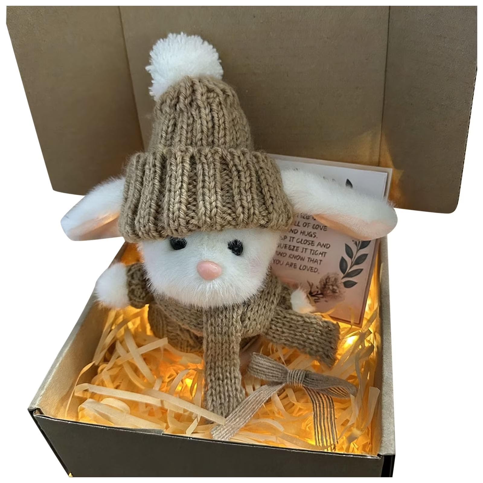 Mini Bunny Hug in a Box, Mini Bunny Hug Cute Easter Gift, Cute Easter Rabbit Doll with LED Light, Lovely Crochet Bunny Ornament, Warm Hugging Rabbit Decor for Home(Khaki, 18 * 10cm)