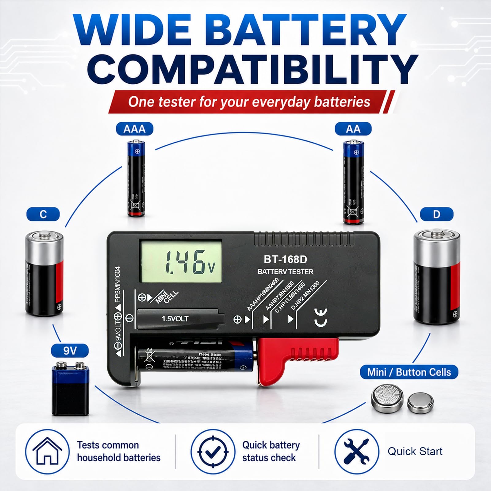 Testeur de batterie numérique,Testeur de Piles Universel,contrôleur de batterie pour AA AAA C D 9V 1.5V Batteries