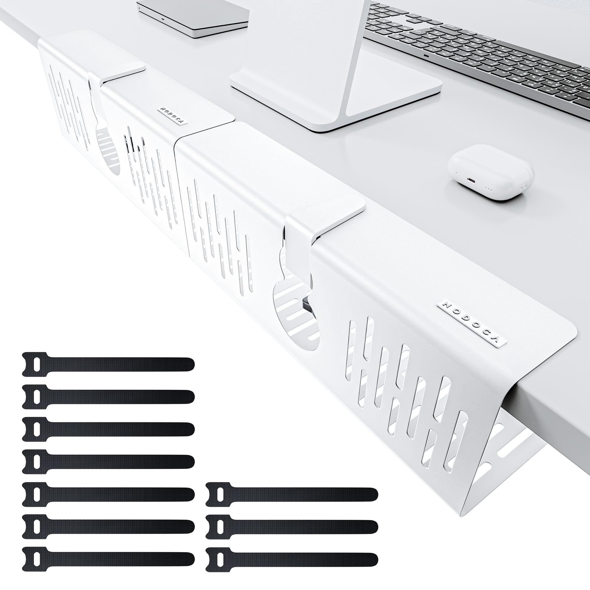 NODOCA Kabelmanagement-Ablage ohne Bohren unter dem Schreibtisch, 35.6 cm Drahtmanagement, stanzfreie Klemmung, neueste Metall-Kabelablage, Korb für Büro und Zuhause, weiß (2 Packungen)