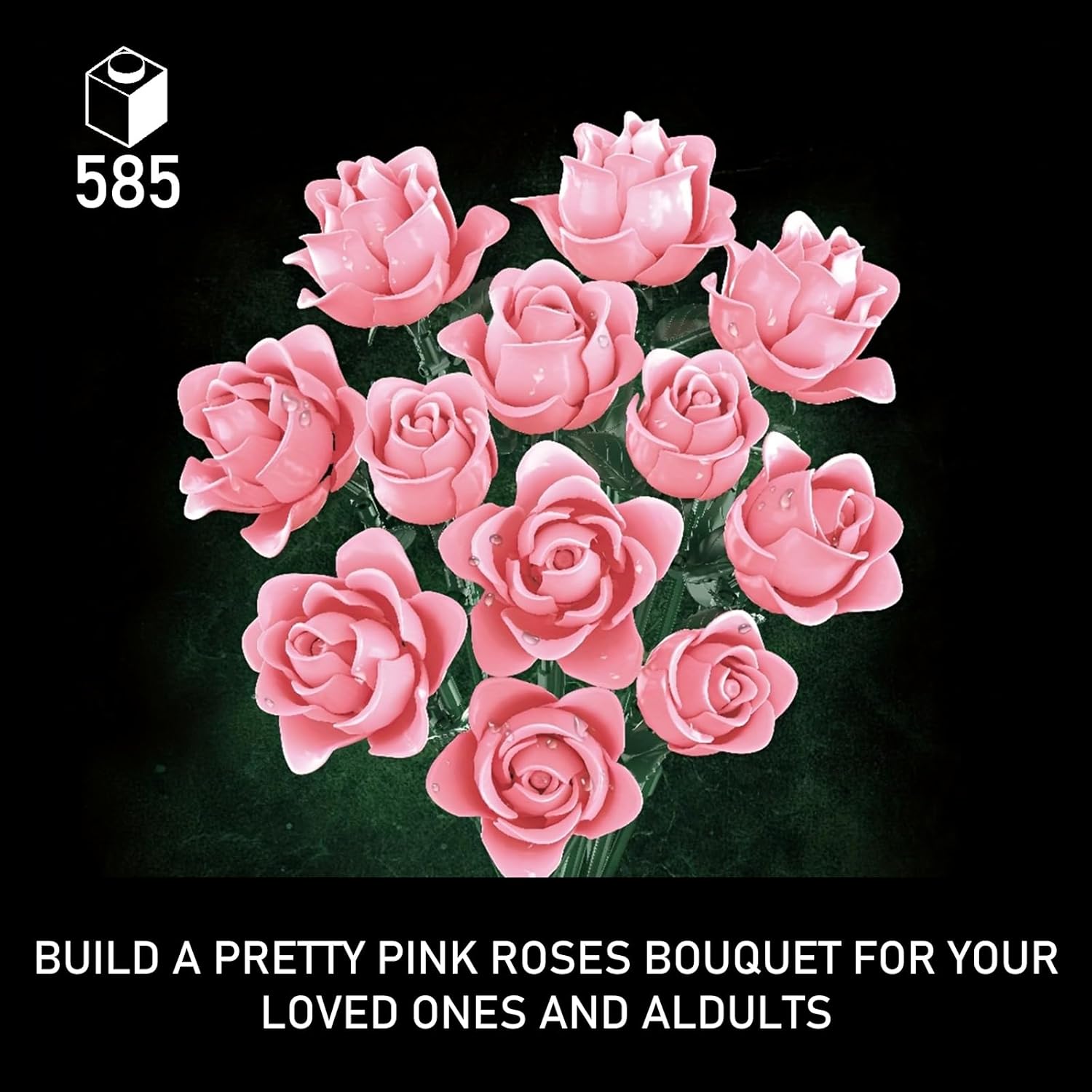 Pink Roses Bouquet Building Set, Pretty Pink Artificial Flowers Blocks Kit for Adults Women Teengirls Lovers - Gift for Mother's Day & Valentines - Botanical Collection Home Decor