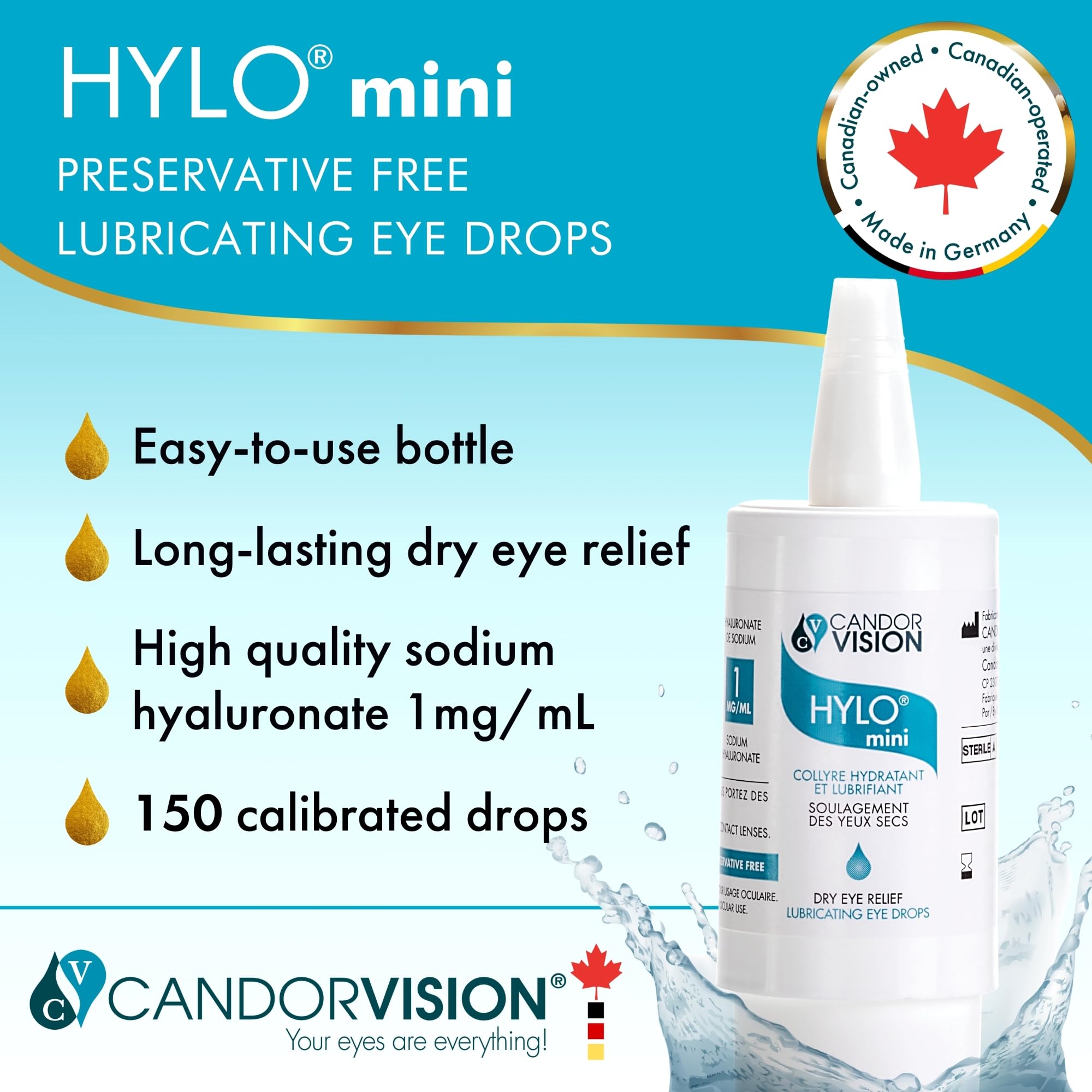 CandorVision HYLO® mini Preservative-Free Lubricating Eye Drops (150 Drops, 5ml), Immediate Long-lasting Dry Eye Relief, High Quality Sodium Hyaluronate, 6-Month Sterility, Contact Lens Compatible - 2