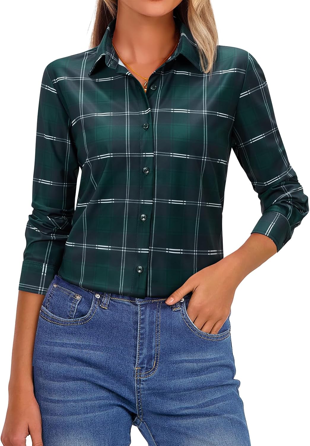 Women's Button Down Shirts Plaid Long Sleeve Dress Shirt Collared Fitted Blouses Wrinkle Free Casual Office Work Tops - Image 2
