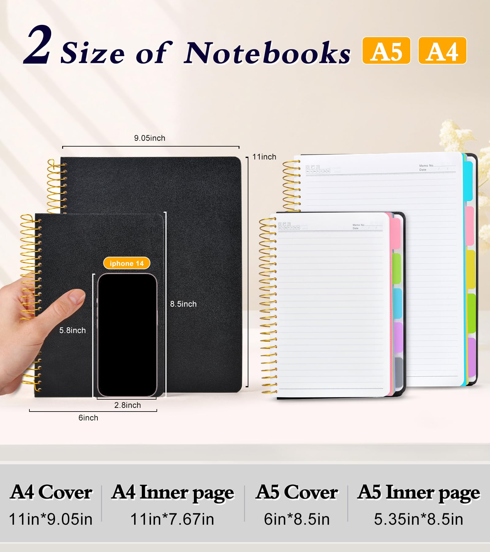 Cuaderno de 5 asignaturas a rayas con pestañas divisoras de bolsillo extraíbles, cuaderno en espiral de 240 páginas de 8.5 x 11 pulgadas, cuaderno rayado para mujeres, cuadernos de tapa dura para el