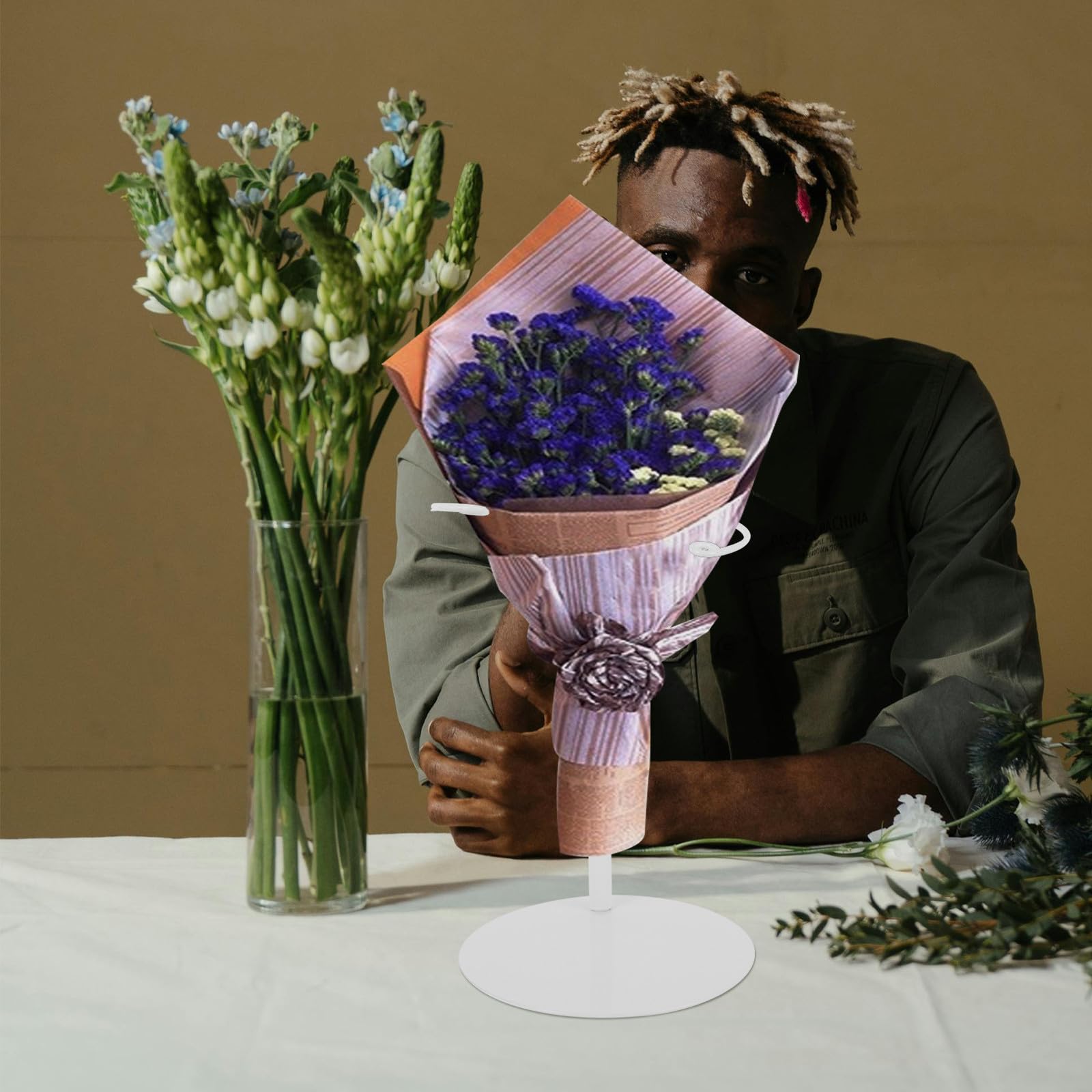 Toddmomy Espositore per Bouquet in Ferro Bianco per Fioreria | Supporto da Banco per Composizioni, Stabile e Facile da Spostare, per Allestimento Negozio
