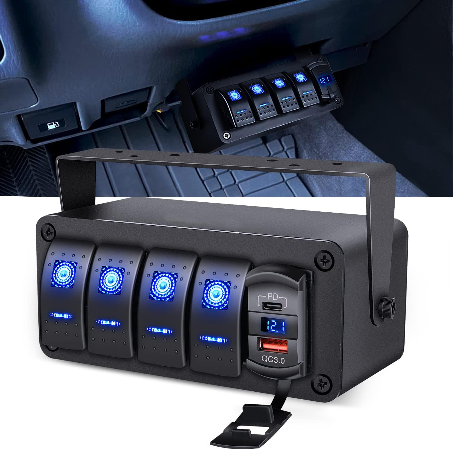 Unifizz 4-drożny przełącznik kołyskowy 12 V SPST ON wyłącznik PD typ C i QC 3.0 ładowarka USB woltomierz wodoodporny aluminiowy przełącznik kołyskowy panel DIY naklejki na łodzie, samochody, kampery,