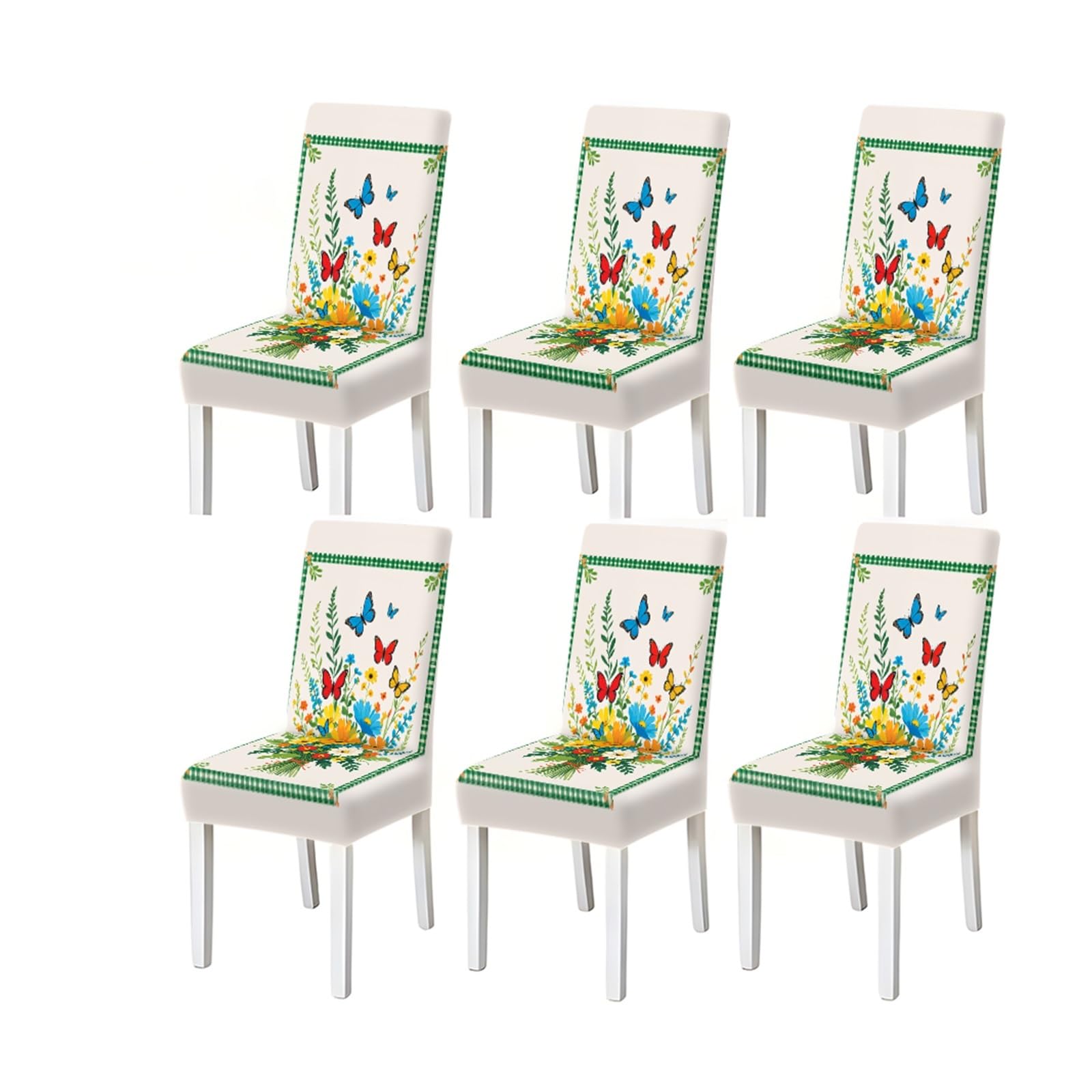 FZJKGH Rustic Green Gingham Butterfly Floral Print Stretch Dining Chair Covers For Kitchen Dining Living Room Picnic, 2/4/6PCS Removable Stretch Slipcovers for Dining Chairs(6PCSChair cover)
