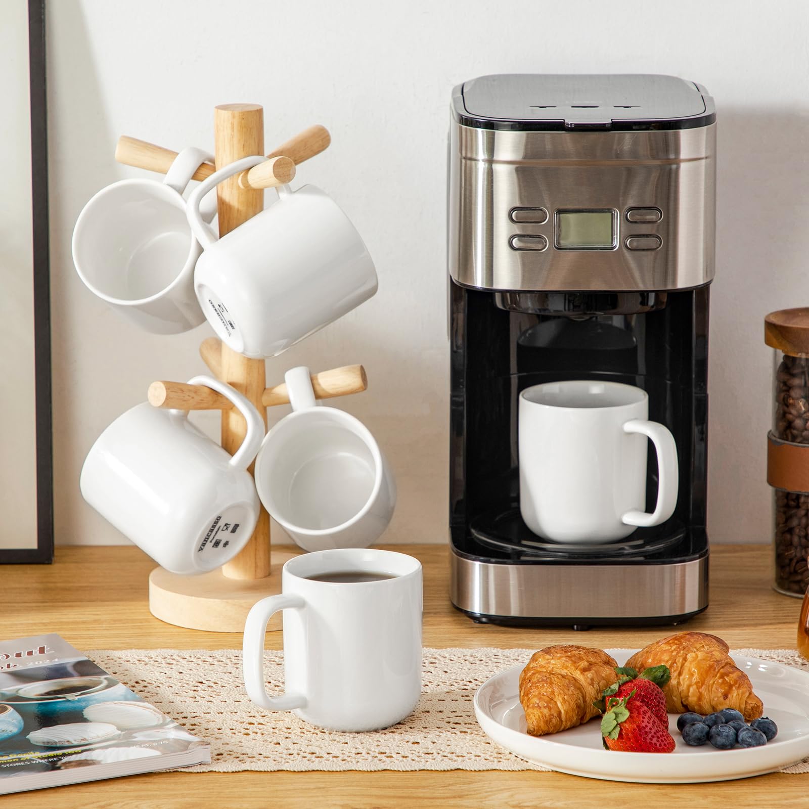 vancasso Juego de 6 Tazas de Café de Gres - 360ml - Tazas de Desayuno con Asa para Leche, Té, Avena, Yogur – Resistente a Lavavajillas y Microondas – Style Blanco
