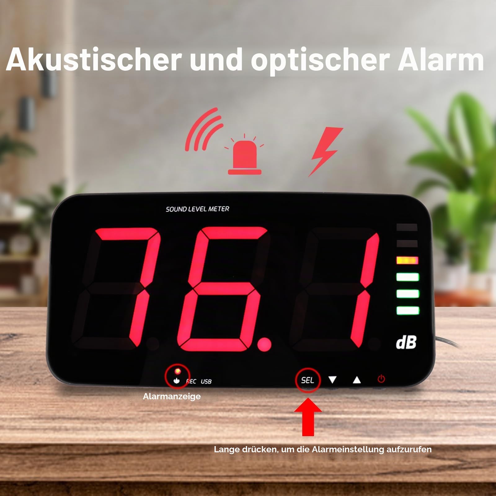 Dezibelmessgerät, 13 Zoll, wandhängendes Schallpegelmessgerät, Datenlogger, Geräuschmessgerät mit 16,4 Fuß Schallsensor, akustisches und visuelles Alarmschallmessgerät