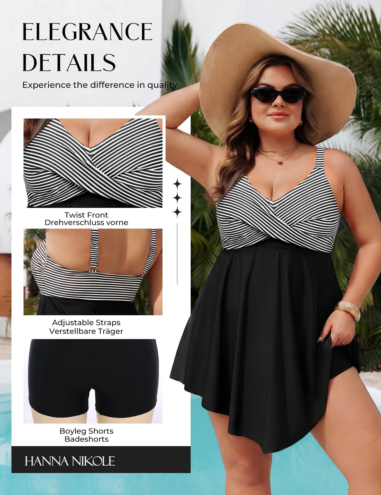 Hanna Nikole Costume da bagno intero da donna, taglie forti, push-up, controllo pancia, monokini incrociato, costume da bagno con spacco, costume da bagno con pantaloncini da bagno