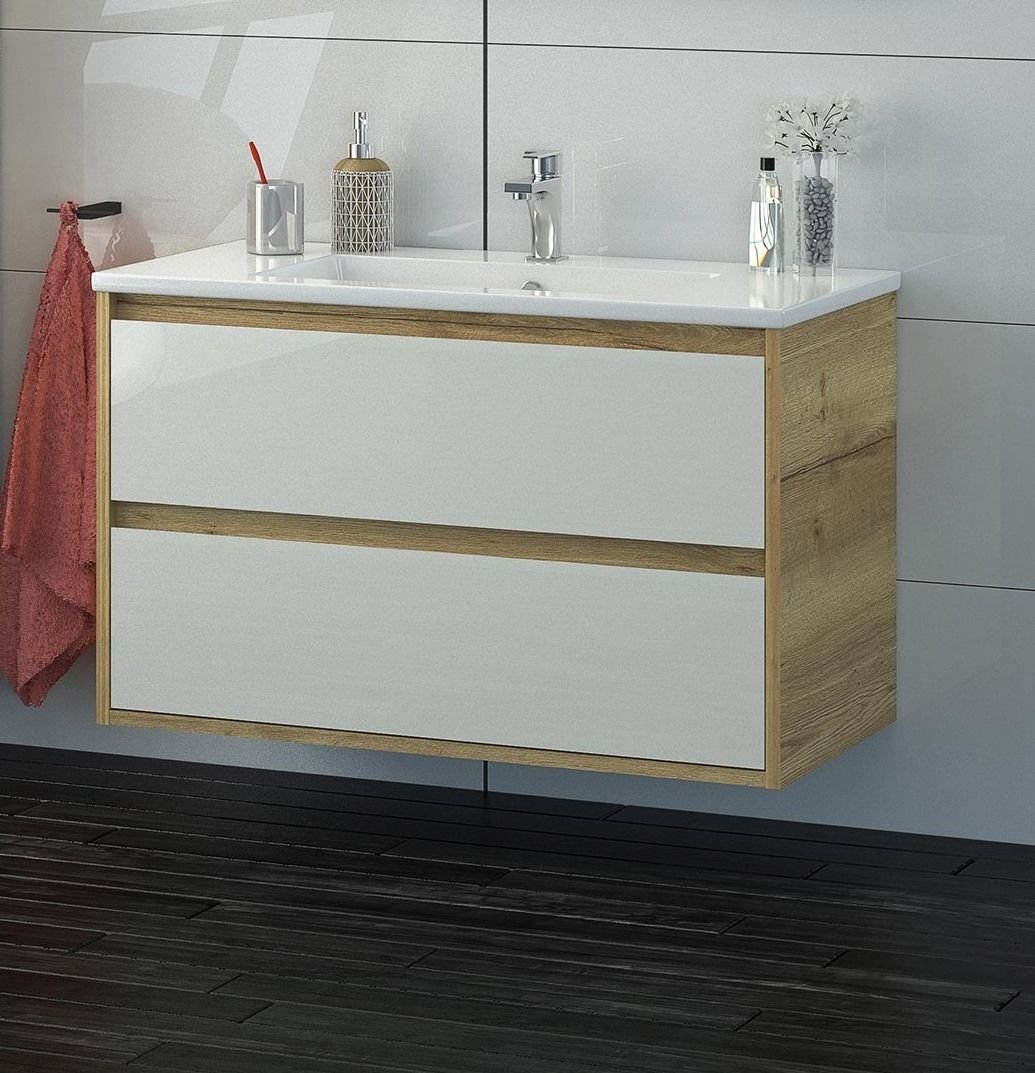 Badmobel Set Cristal 90 Cm Led Badezimmer Mobel Mit Waschbecken Eiche Grau Waschtisch Amazon De Kuche Haushalt