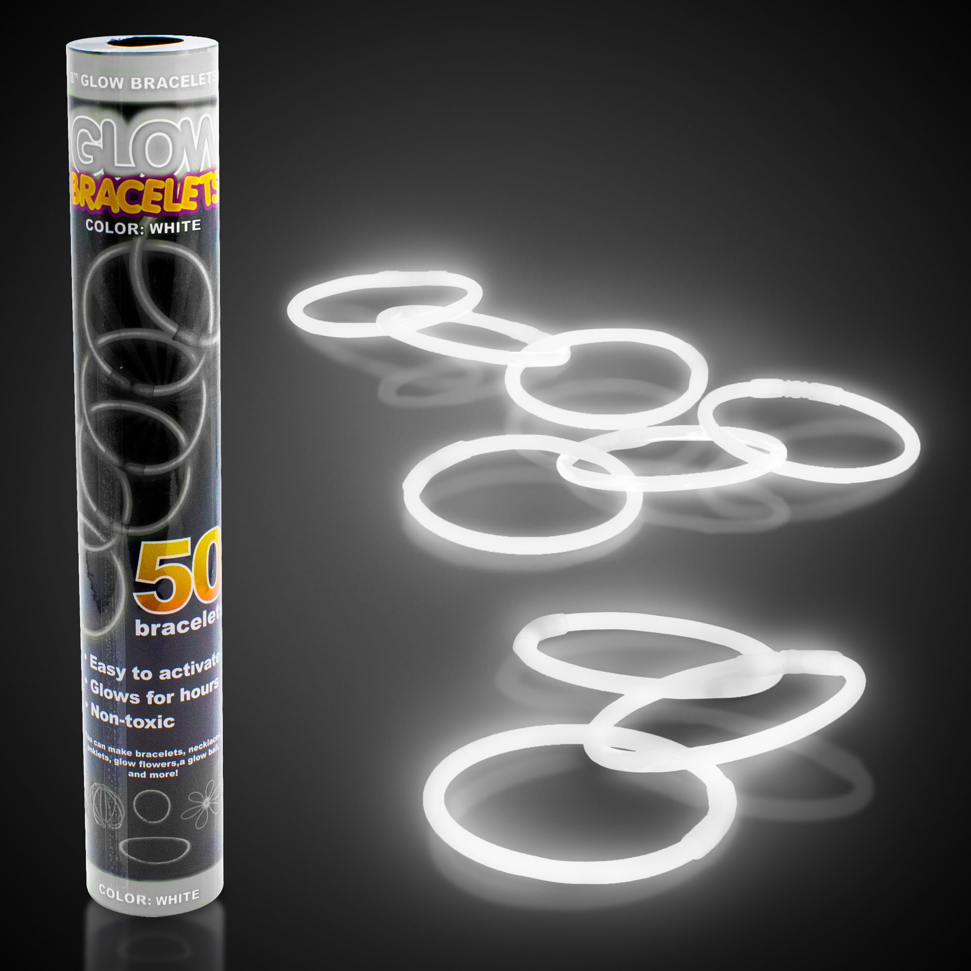 Fun Central 8" Glow Stick Bracelets - Bulk 50 Pack for July 4th Independence Day, Camping, Parades, Bonfires and Nighttime Celebrations - White
