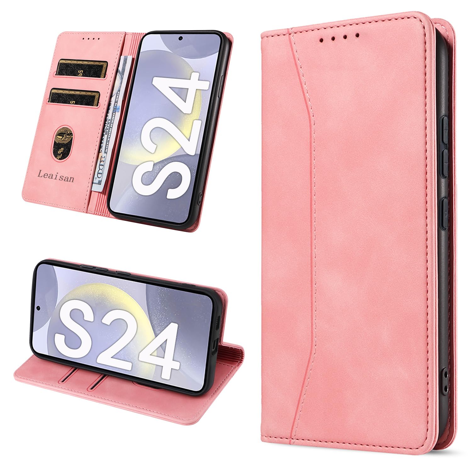 Leaisan Handyhülle für Samsung Galaxy S24 Hülle Premium Leder Flip Klappbare Stoßfeste Magnetische [Standfunktion] [Kartenfächern] Schutzhülle für Samsung S24 5G Tasche - Rose Gold