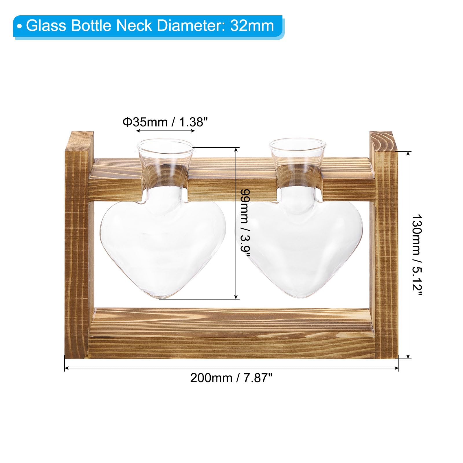 PATIKIL Propagation Vases for Plants with Wooden Stand Heart Shaped Glass Vase for Home Office Decor Housewarming Gifts Wood Color (2 Bulb) - Image 2