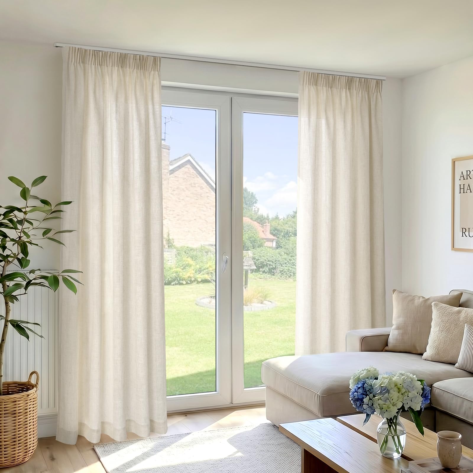 INOVADAY Gardinen mit Kräuselband Wohnzimmer 2er Set 260x140cm, Natur | Vorhang Halbtransparent Leinenoptik, Gardinen für Schienensystem Schlafzimmer, Vorhänge für Kräuselband, Lichtfilterung
