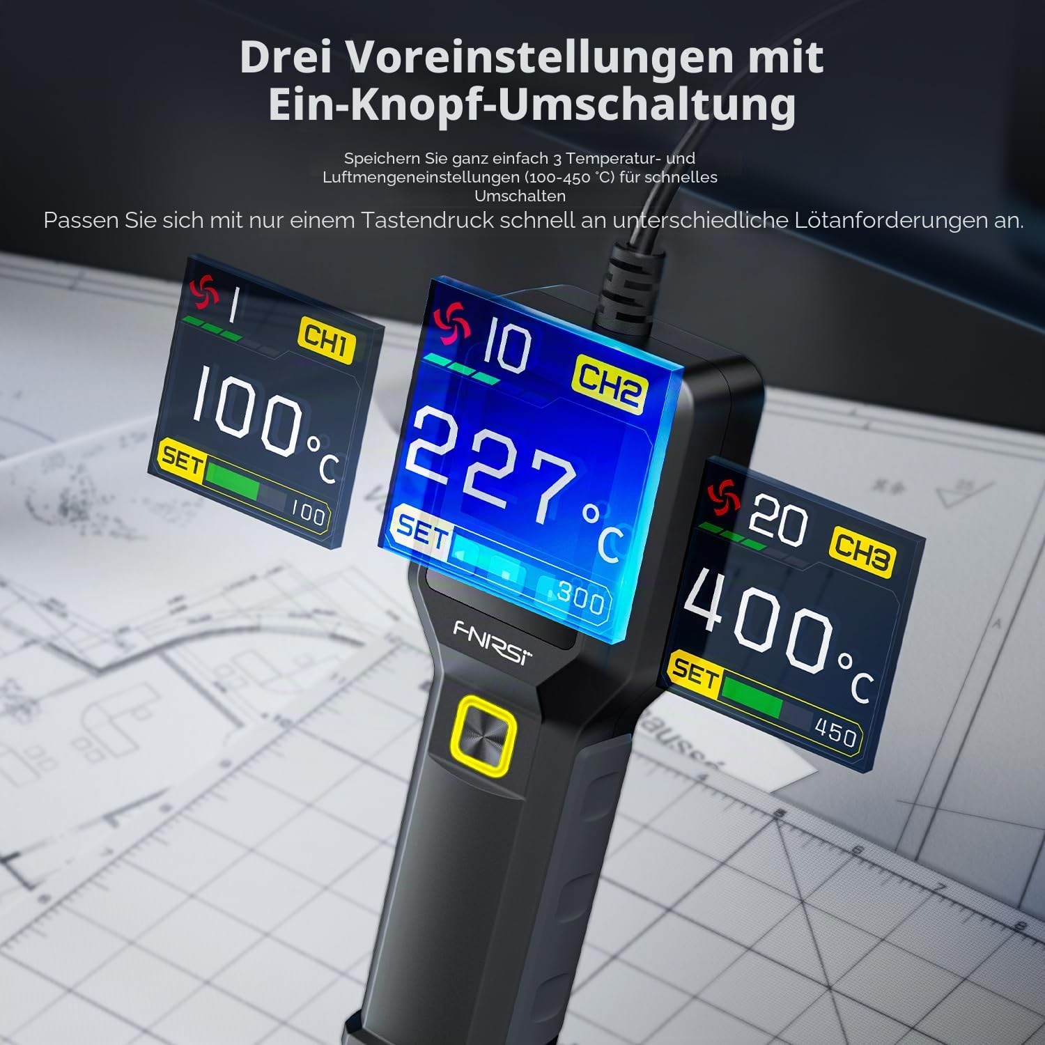 Mini Heißluftfön, SAG-55 Hochtemperatur-Heißluftpistole 550W Tragbare Kleine Handentlötstation,100°C - 450°C Einstellbar,Präzise PID-Temperaturregelung,Geräuscharm,20 Windgeschwindigkeiten Einstell