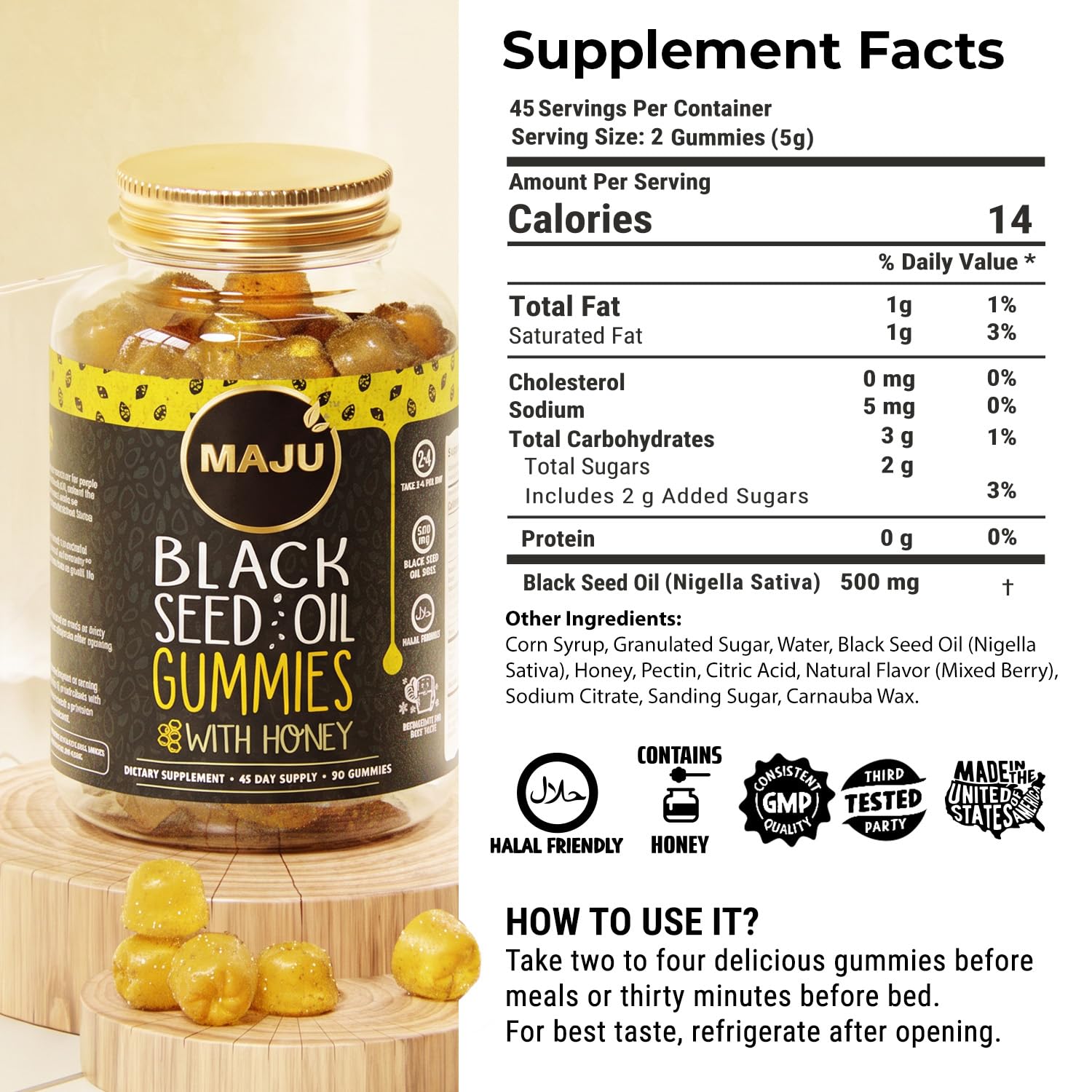 MAJU's Black Seed Oil Gummies with Honey 90ct, 500mg BSO Gummy, Black Cumin Seed Nigella Sativa Oil, Cold-Pressed, Potent Formula, 90ct — Amazon image 8