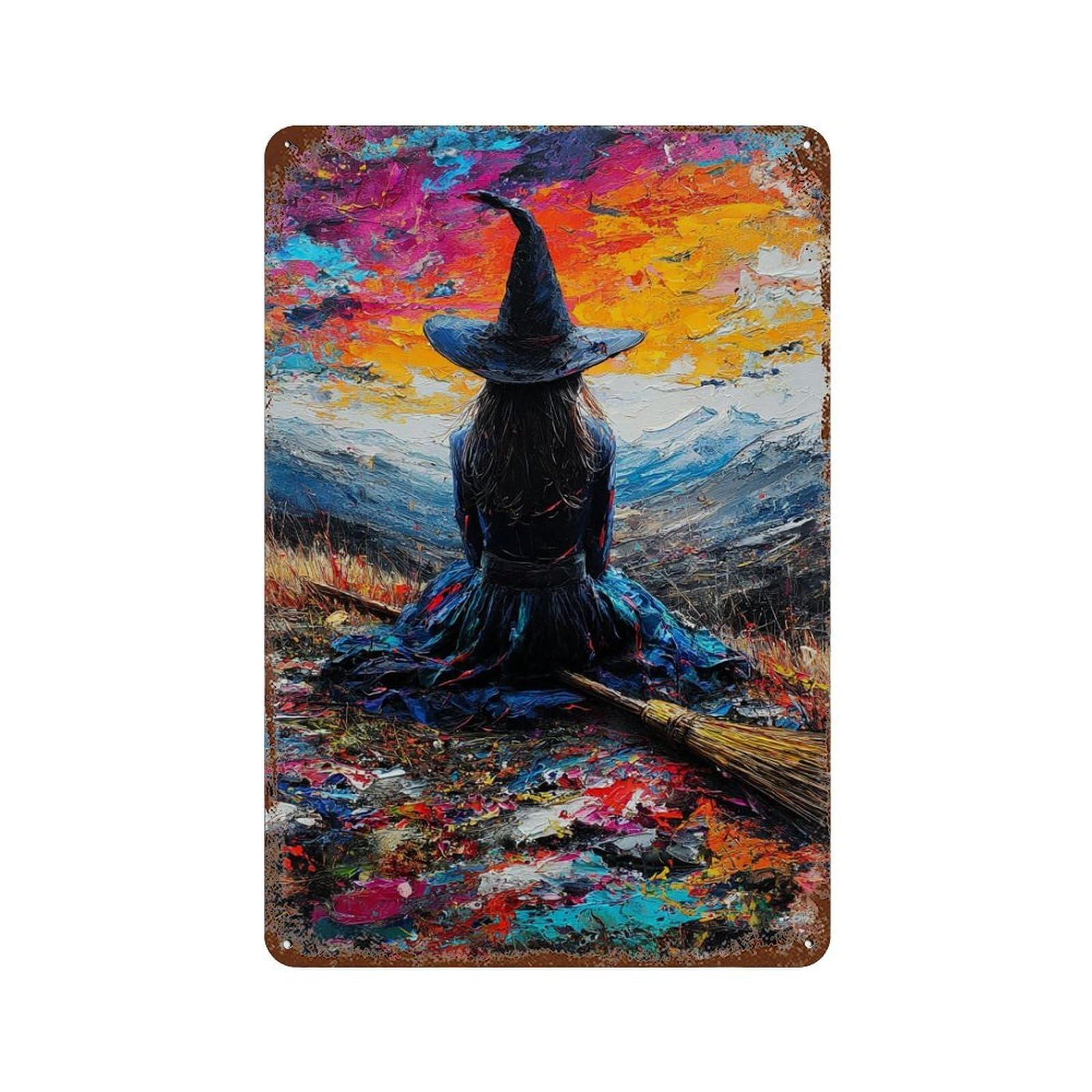Rust Effect Witch in Colorful Landscape Rustic Tin Plaque 11.8"x7.9", Old School Wall Decor for Shed, Workshop And Garage Wall Decor