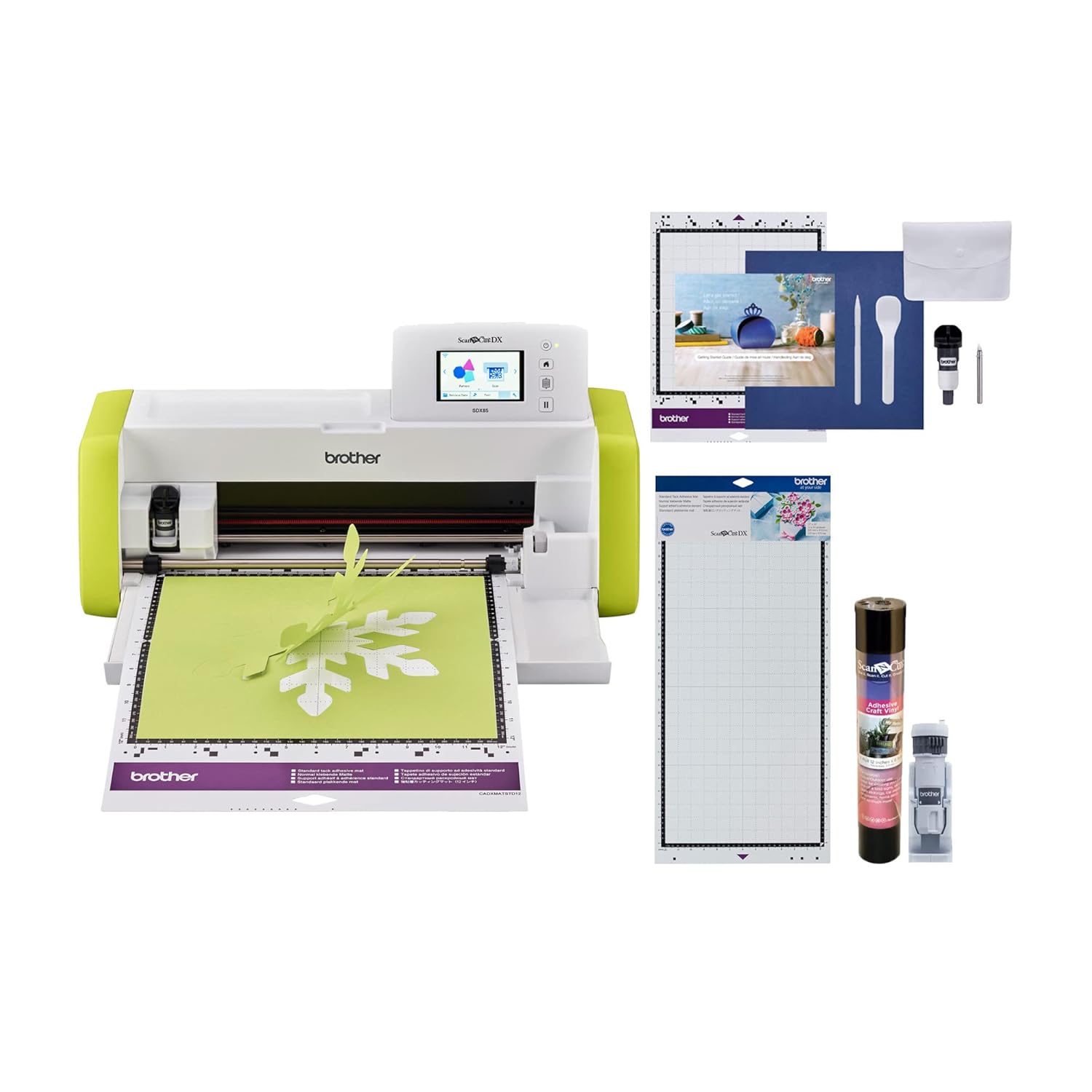 Brother ScanNCut DX SDX85 Electronic DIY Cutting Machine with Scanner (Lime Green), Make Vinyl Wall Art, Appliques, Homemade Cards and More with 251 Included Patterns with Bonus Accessories White/Green Cutting Machine Deluxe Bundle