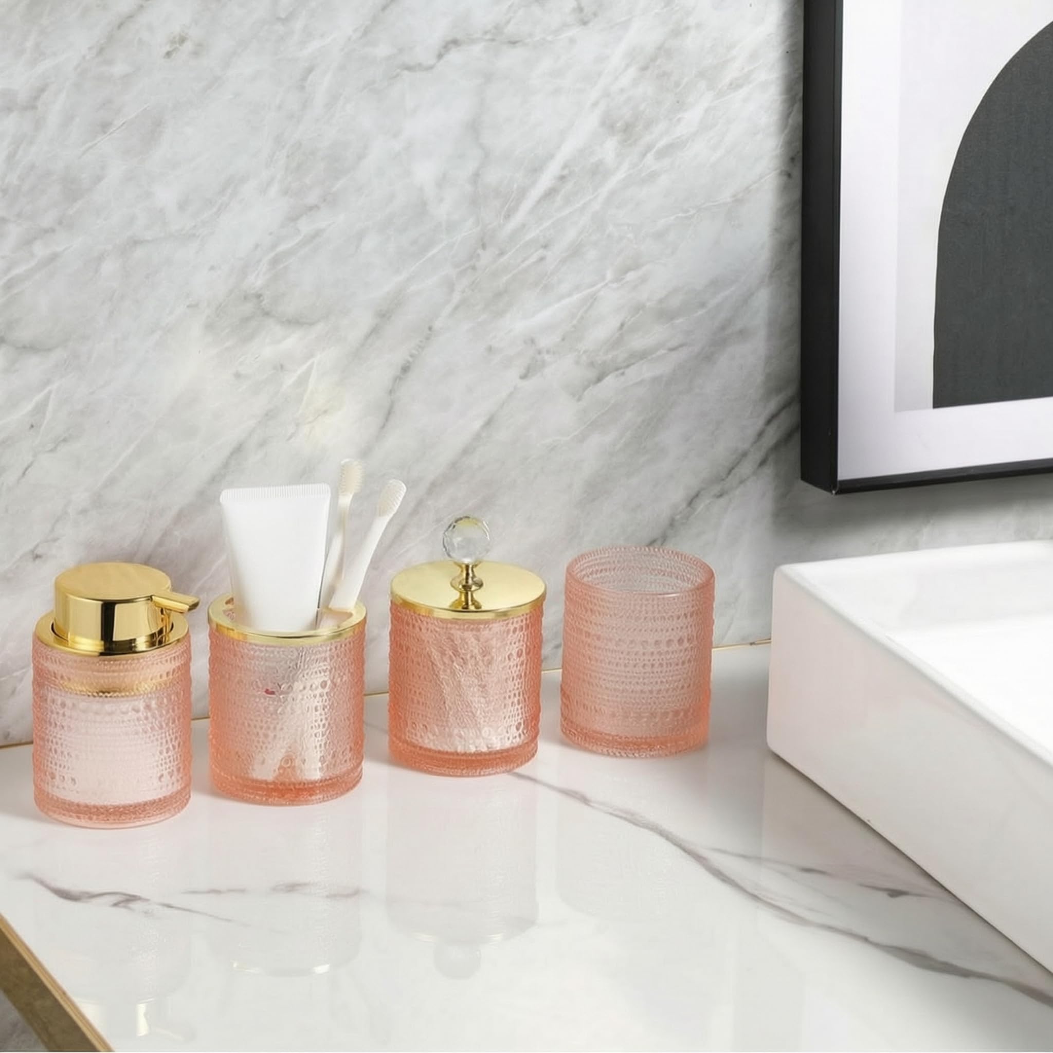 Robustes Glas Badezimmer Accessoire Set:,Vierteiliges Set in Rosa