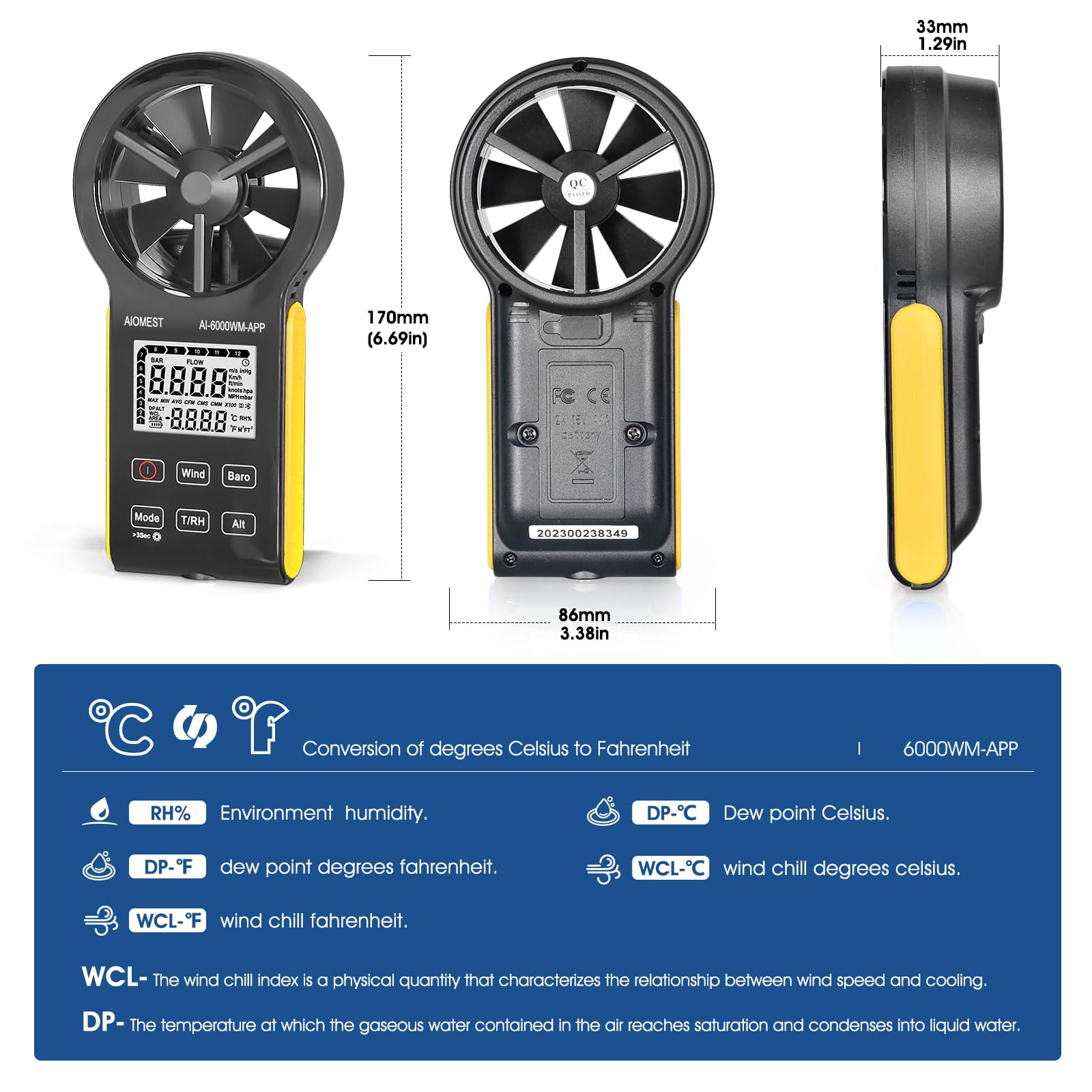 AIOMEST 6000WM-APP Anemometro Digitale Palmare Anemometro Vento CFM Misuratore di Velocità del Vento con MAX/MIN/AVG per Tester Velocità Vento Temperatura Temperatura Vento Chill, HVAC