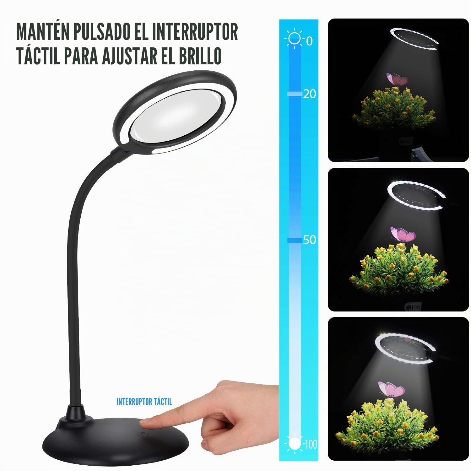 Lámpara de escritorio recargable de 5 aumentos, lupa regulable con luz y soporte, lupa táctil regulable con 28 luces led para trabajar, leer, practicar aficiones, costura, manualidades, negro