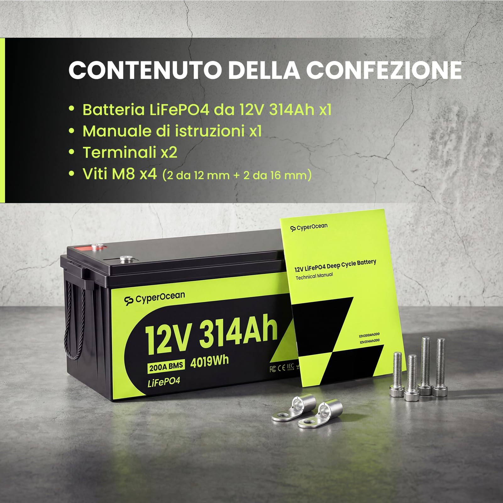 Batteria al Litio LiFePO4 12V 314Ah, Accumulatore Deep Cycle 4019Wh con Sistema BMS 200A, Celle Premium Grade A, Lunga Durata 6000+ Cicli, per Camper, Fotovoltaico, Barca, Off Grid Riserva