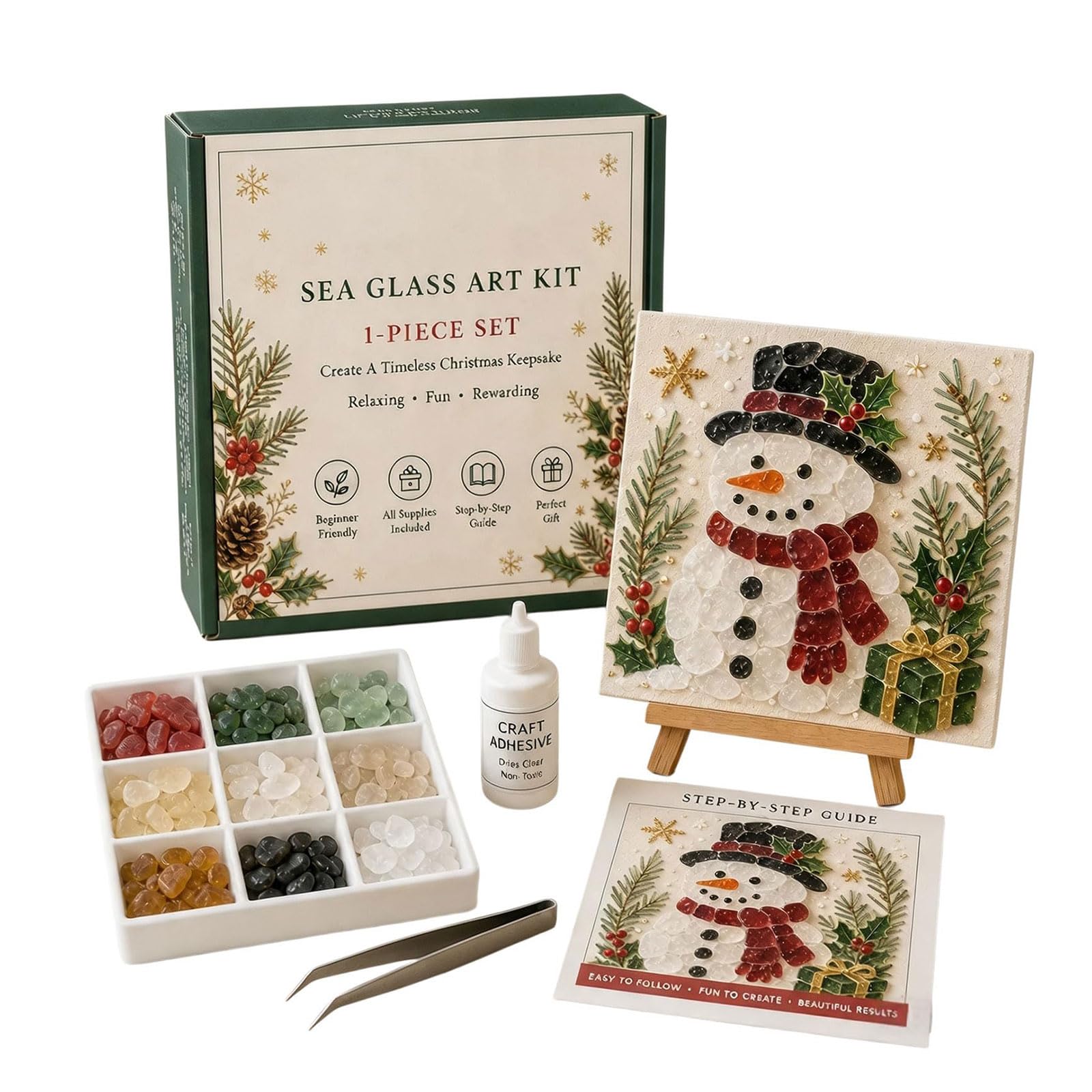 Christmas Sea Glass Art Kit, DIY Sea Glass Mosaic Art Kit for Beginner & Adults, Mosaic Craft Kit with Santa, Christmas Theme Artwork, DIY Home Decor, Craft Lovers Gift (# H)