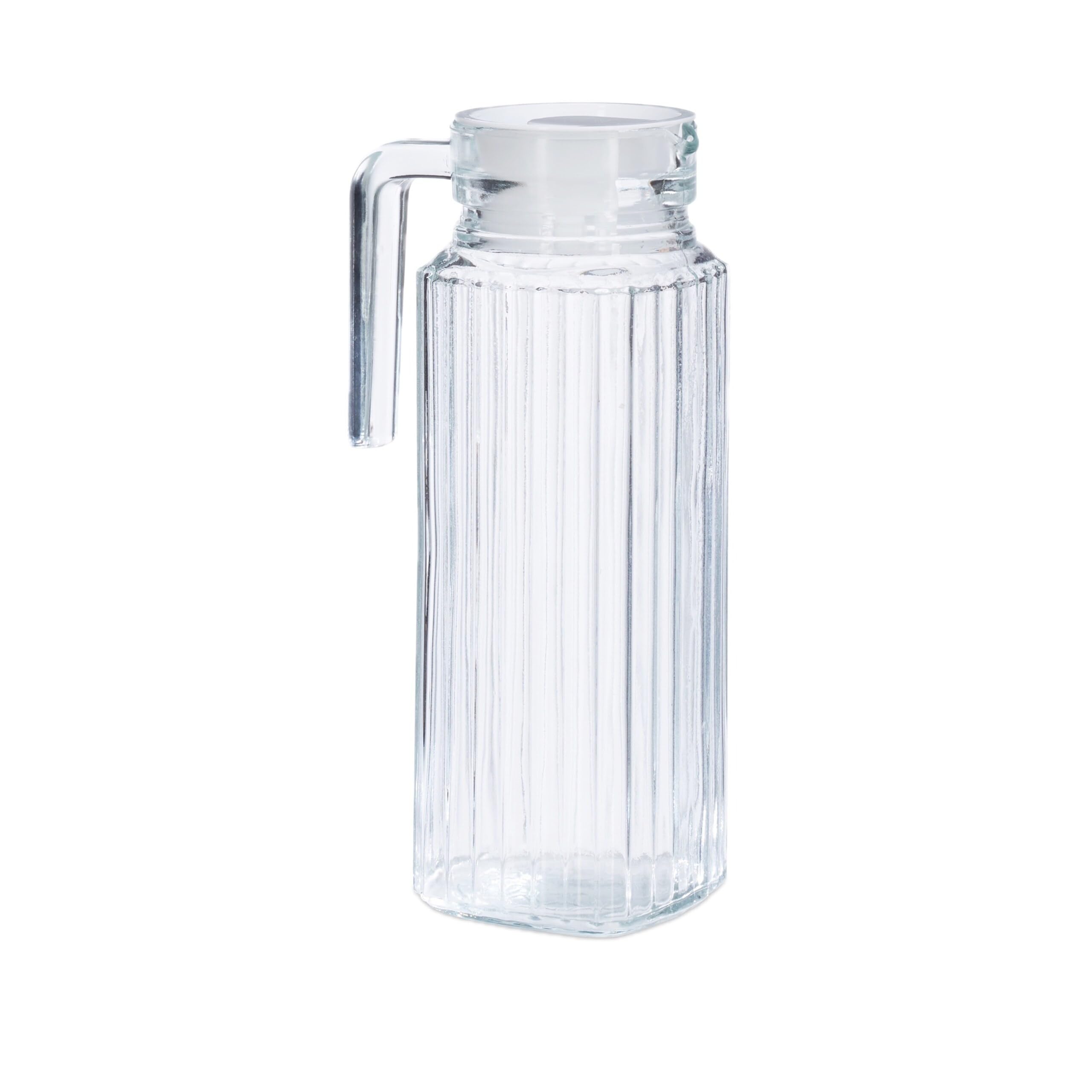 2x Carafe avec couvercle, cruche 1 litre, pichet en verre, jus, thé glacé, avec anse, filtre, transparent | Pichet lavable au lave-vaisselle, carafe à eau, couvercle, forme étroite