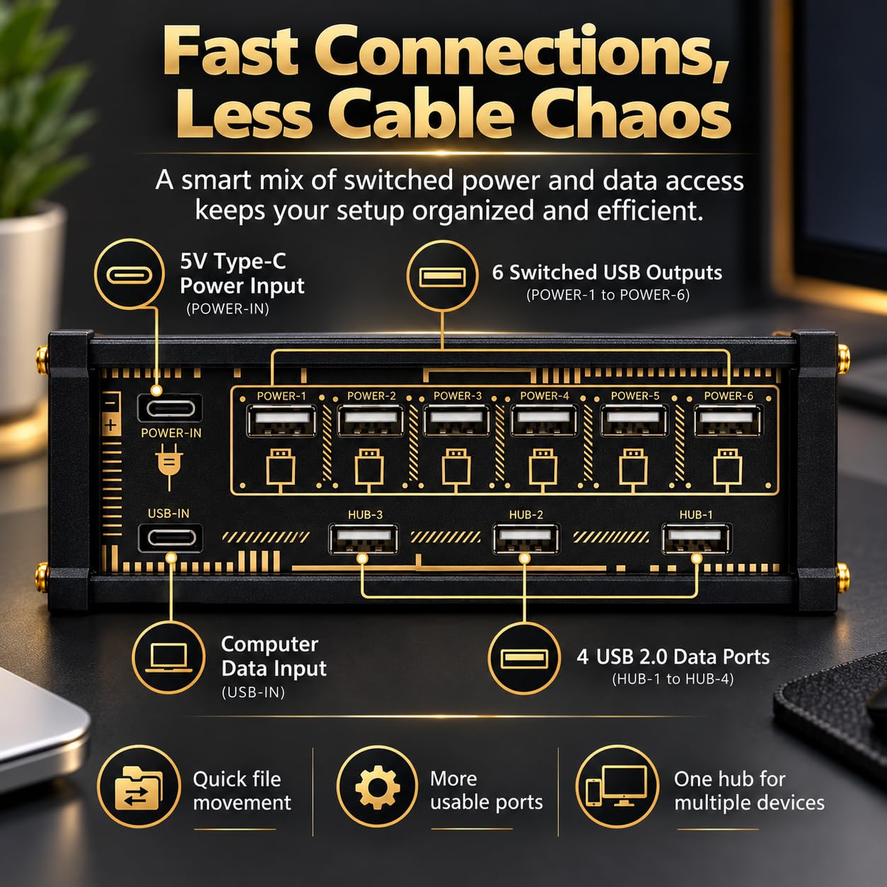 Switcher USB A 6 Porte, 6 Interruttori Individuali con Spia Luminosa, per Condividere Dispositivi USB, Ideale Come Regalo per Il Fidanzato, per Ufficio, Home Entertainment E Piccoli Studi.