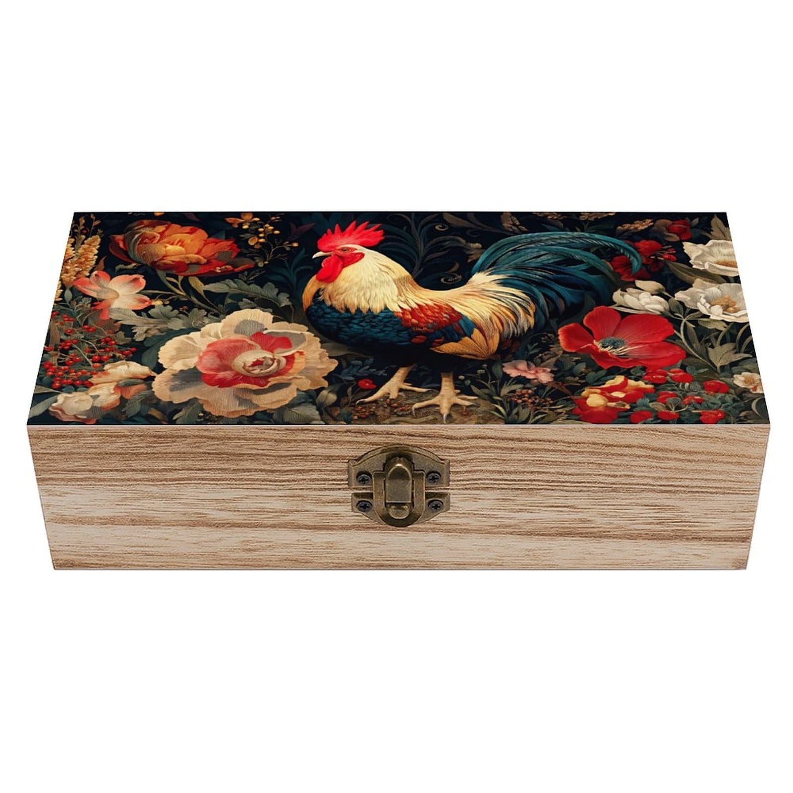 SMAZDFXX Rooster Floral Vintage Wooden Keepsake Box Vintage Solid Wood with Hinged Lid 7.9"×3.7"×2.3" Metal Latch Rustic Home Decor for Jewelry Photos And Trinkets
