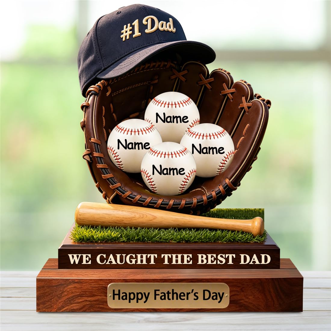 Personalised 2D We Caught The Best Dad Baseball Frame Plaque Custom 1-6 Names Baseball Wooden Sign Gift Father Grandpa From Son Daughter Father's Day Birthday Xmas (S 25)