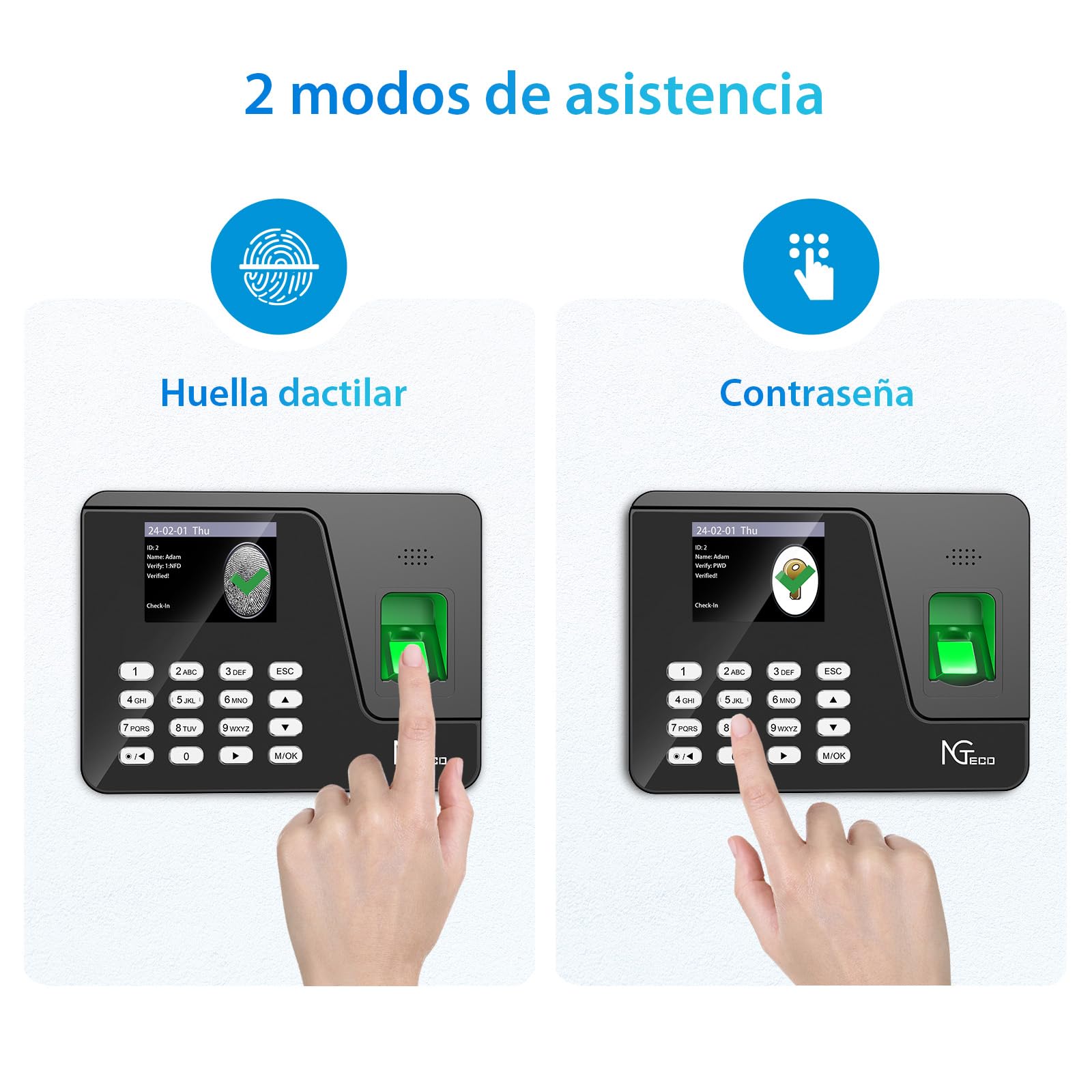 NGTeco Control Horario Empleados con Instalación Sencilla para Pequeñas Empresas en España, Funciona sin Internet, Cálculo Automático y Reloj Fichar con Huella AS10 (Sin Cuota Mensual)