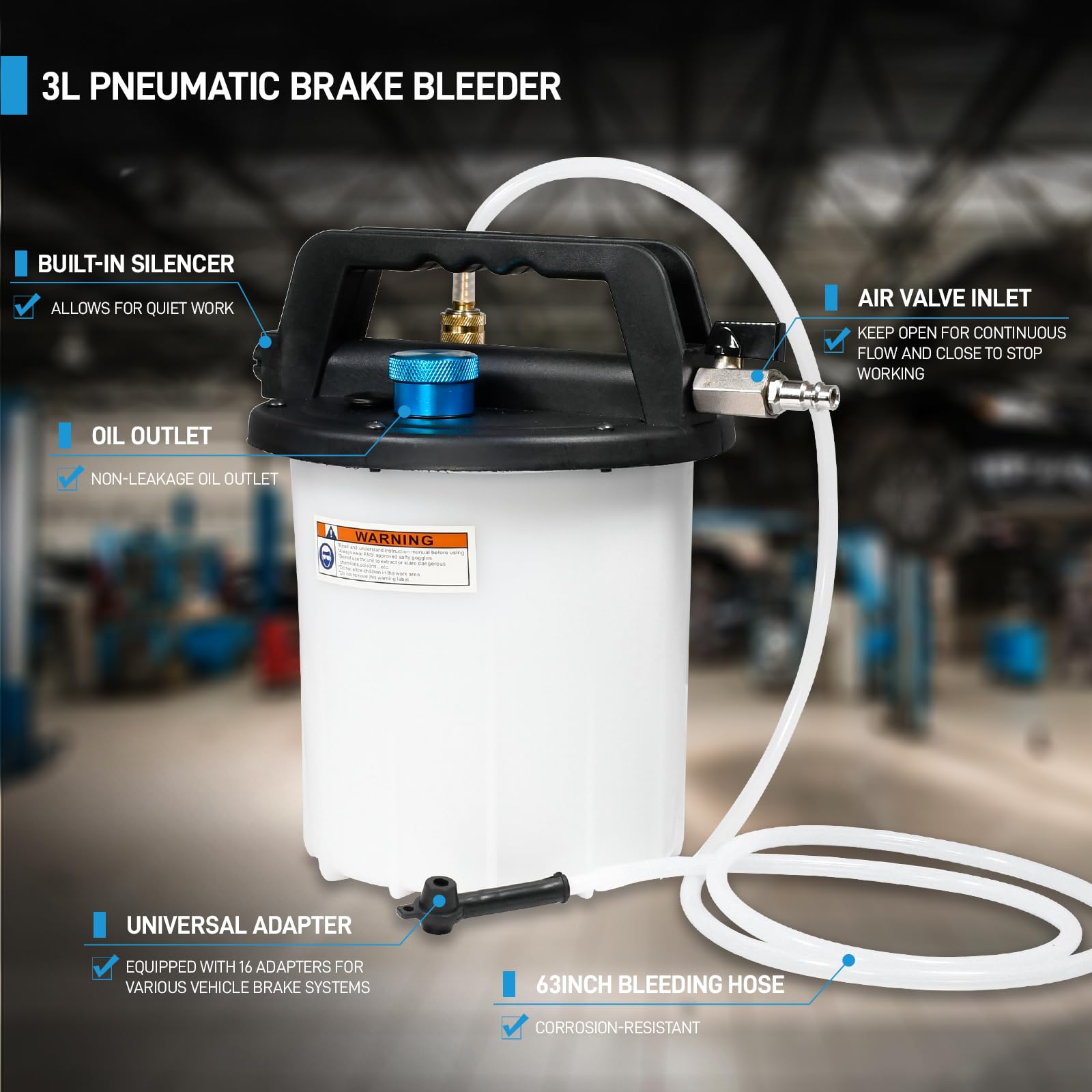 SMOTIVEPRO Dispositivo de purga de frenos de 3 litros, dispositivo de purga de frenos para coche, con 16 adaptadores de ventilación y botella de recarga de 1 L, bomba de vacío neumática para coche