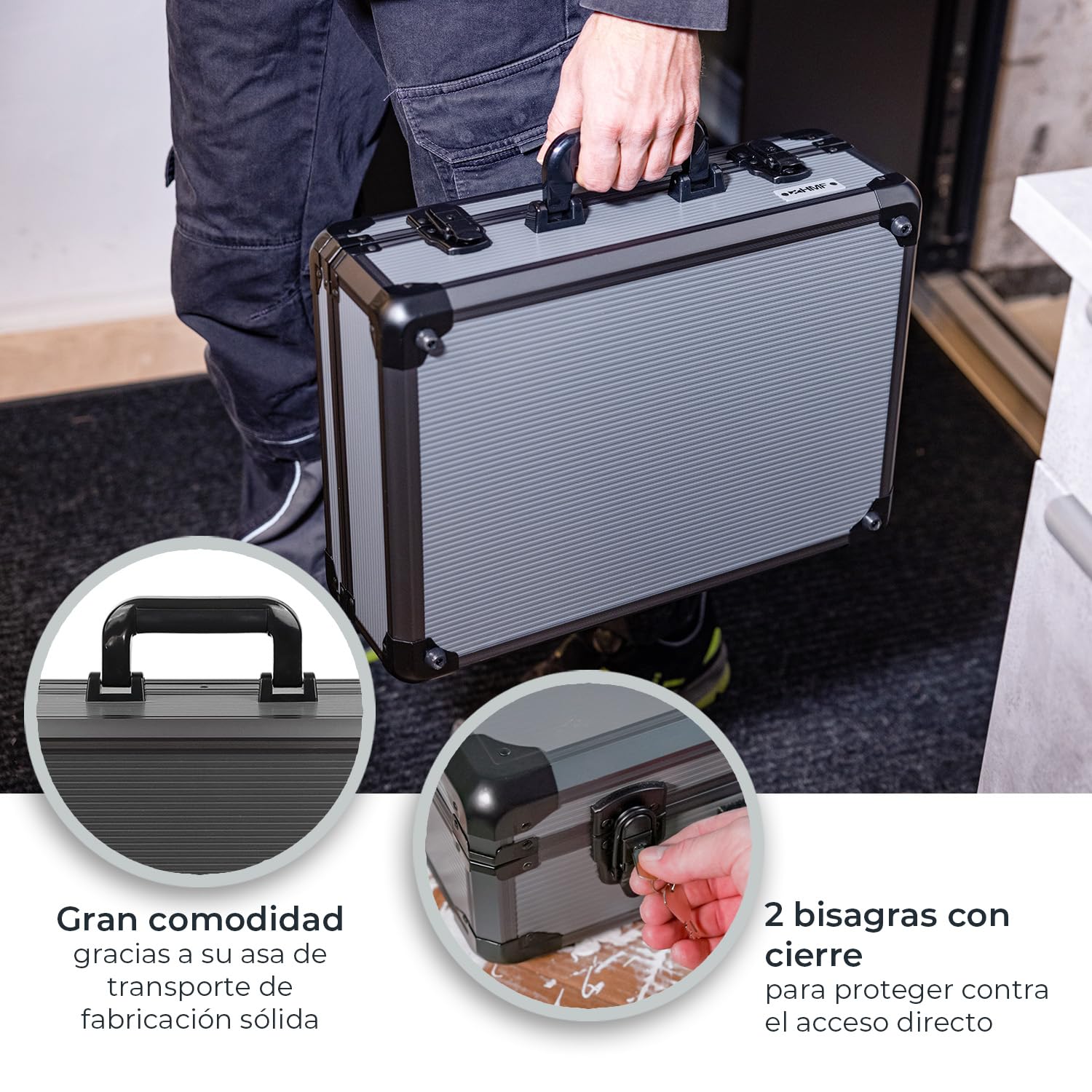 HMF Maletín de herramientas de aluminio vacío con 17 compartimentos insertables, Maletín grande con división interior ajustable | 46 x 33 x 15 cm | Antracita-Negro