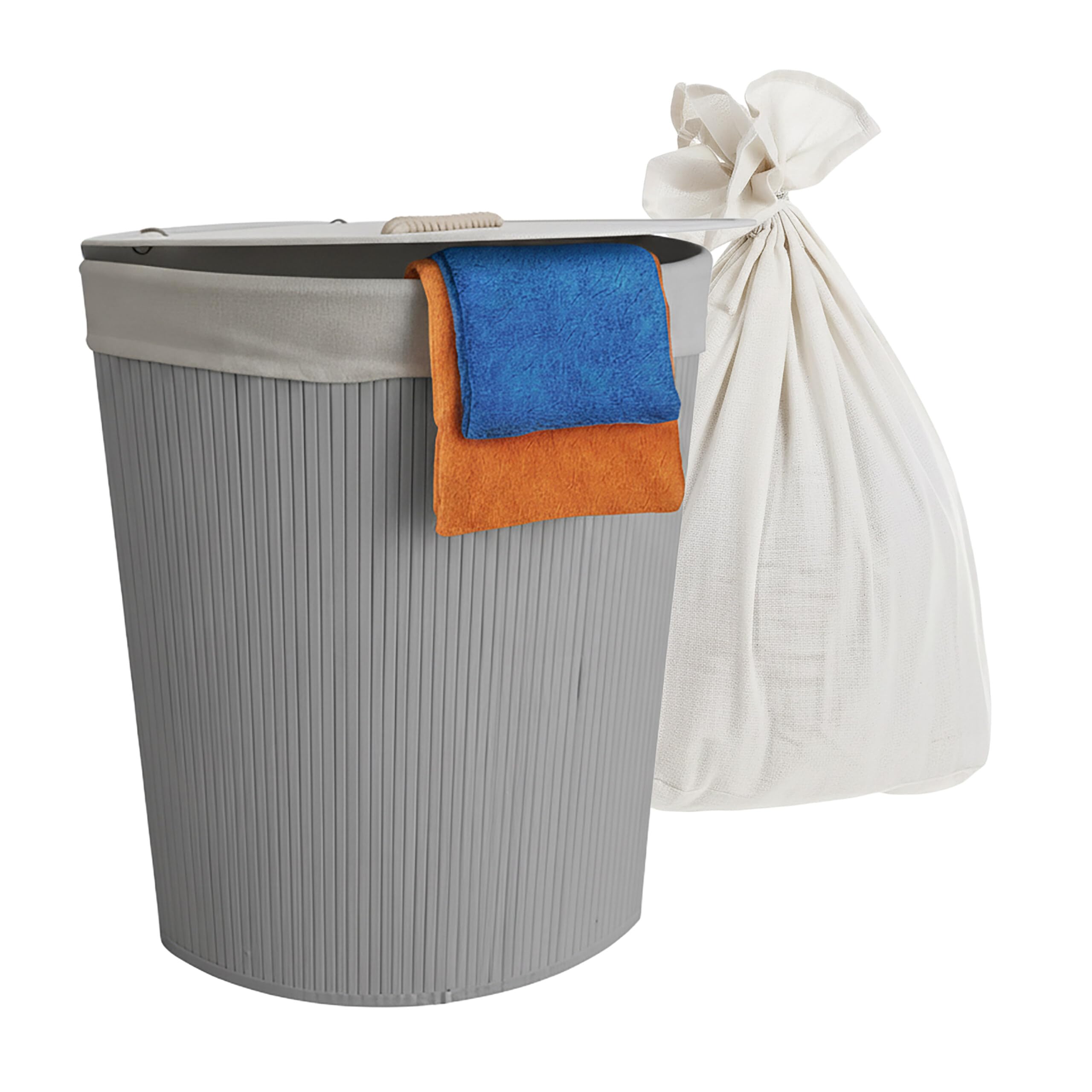 Relaxdays Corner Laundry Basket with Lid, Bamboo, 80L, Foldable Hamper, 60x36x36 cm, Grey