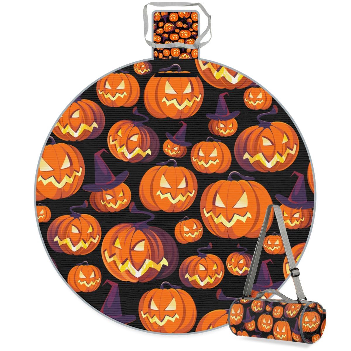 Shimoshe Halloween Pumpkin Print Picnic Outdoor Blanket Foldable Waterproof Sandproof Beach Blanket Portable Water-Resistant Round Picnic Mat for Travel Camping Park Lawn