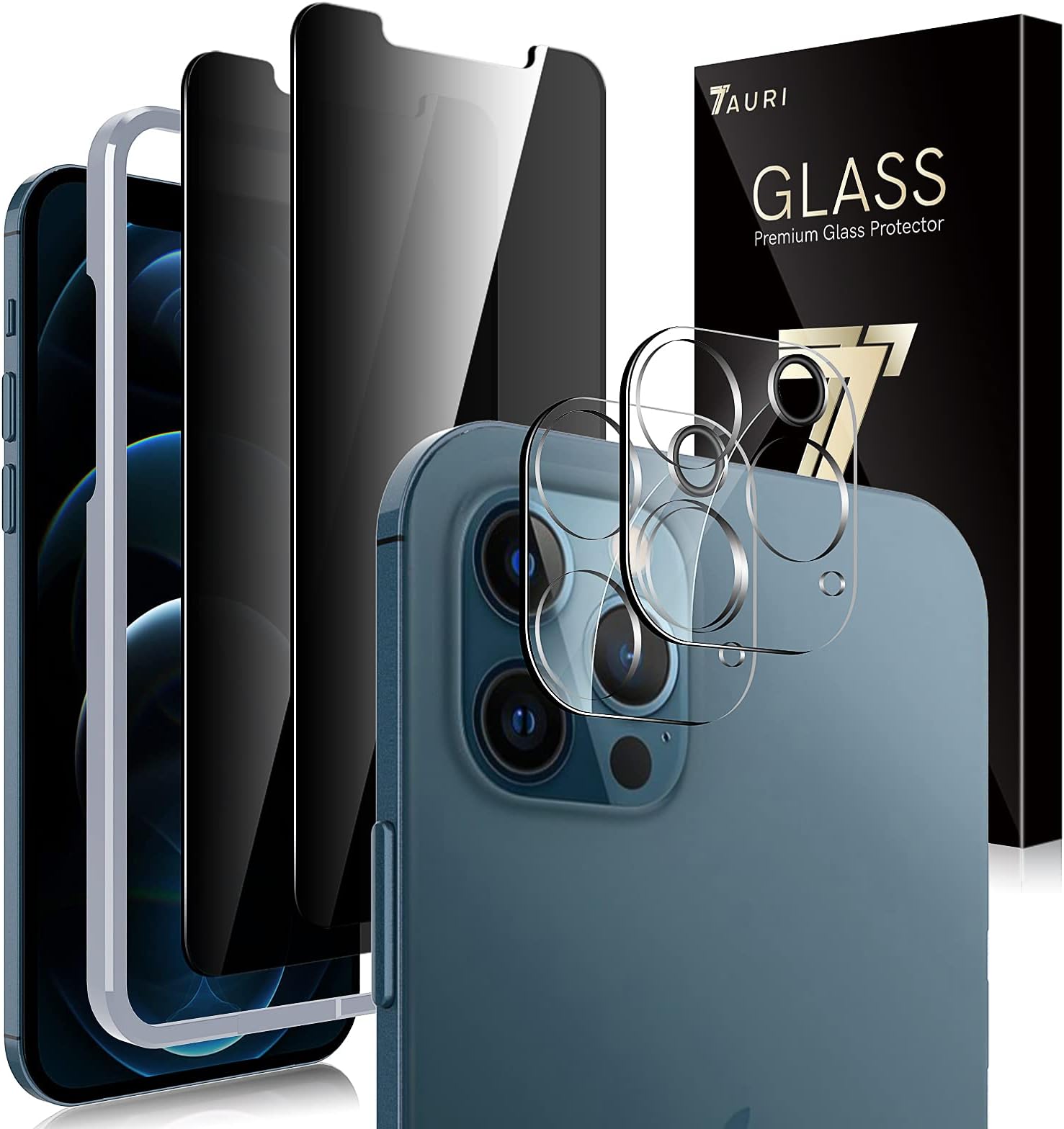 TAURI [2+2 Pack Compatible with iPhone 12 Pro Max Privacy Screen Protector 6.7 inch 2 Pack and Camera Lens Protector 2 Pack, Anti Spy Tempered Glass Easy Installation Frame Bubble Free