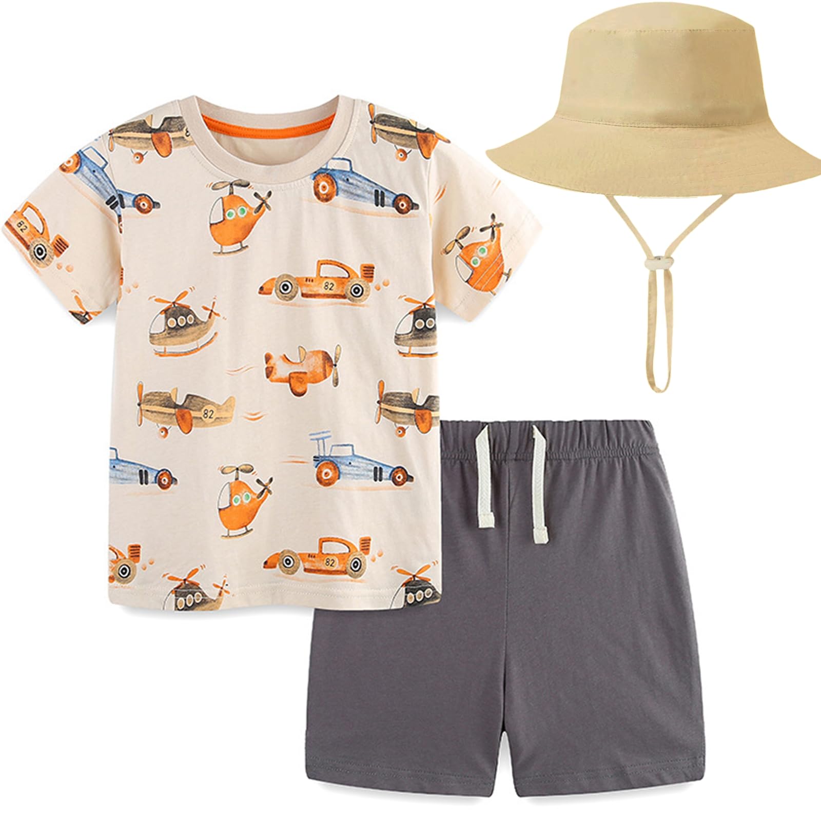 Boys 2 Pieces Outfits Dinosaur Short Sleeve T Shirts Tops & Shorts Toddler Children Kids Outfits Set + Bucket Sun Hat