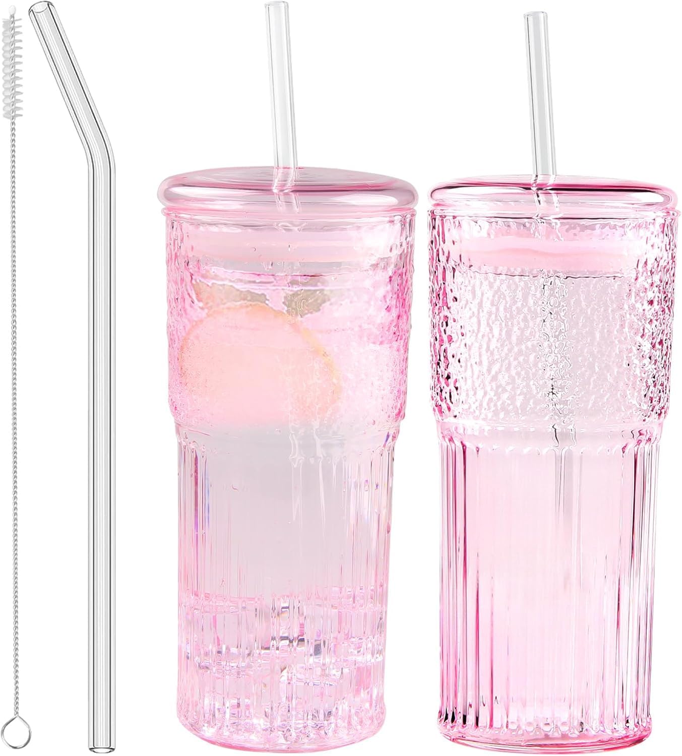 JunVpic Glass Coffee Cups with Lids and Straws, 20 OZ Pink Iced Water Glasses Tumblers for Ice Juice, Tea, Milk, Smoothie and Cold or Hot Drinks, Set of 2