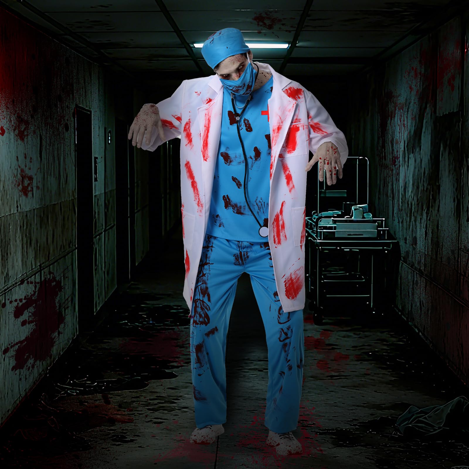 Kostium medyczny zombie dla mężczyzn, zestaw kostium chirurga horror kostium medyczny na Halloween dla mężczyzn w szlafroku, czapka lekarza, maska lekarza, top, spodnie i stetoskop