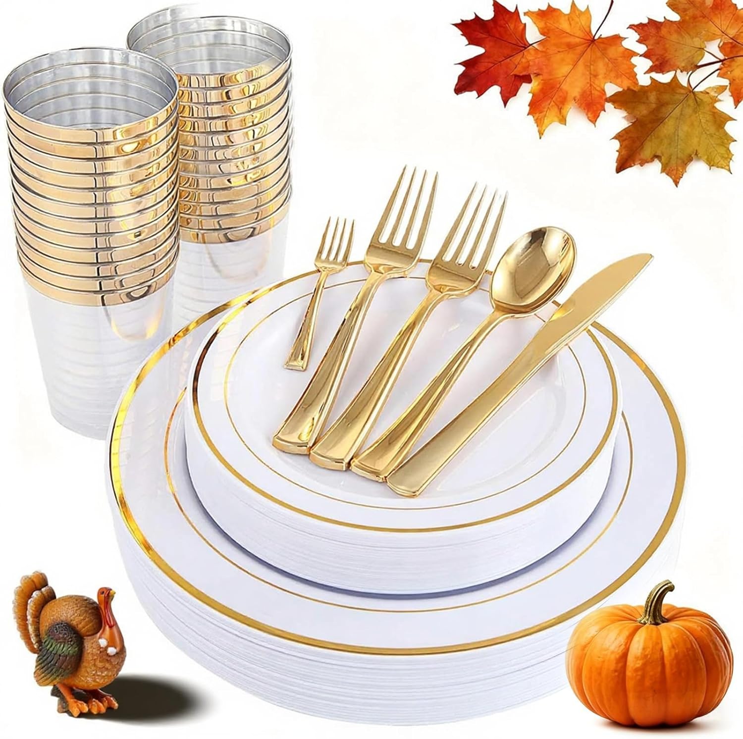 WDF 25Guest Gold Plastic Plates - Heavy Duty Fall Plastic Plates Dinnerware - Include 25 Dinner Plate 25 Salad Plates 50 Forks 25 Knives 25 Spoons 25 Cups 25 Mini Forks for Thanksgiving