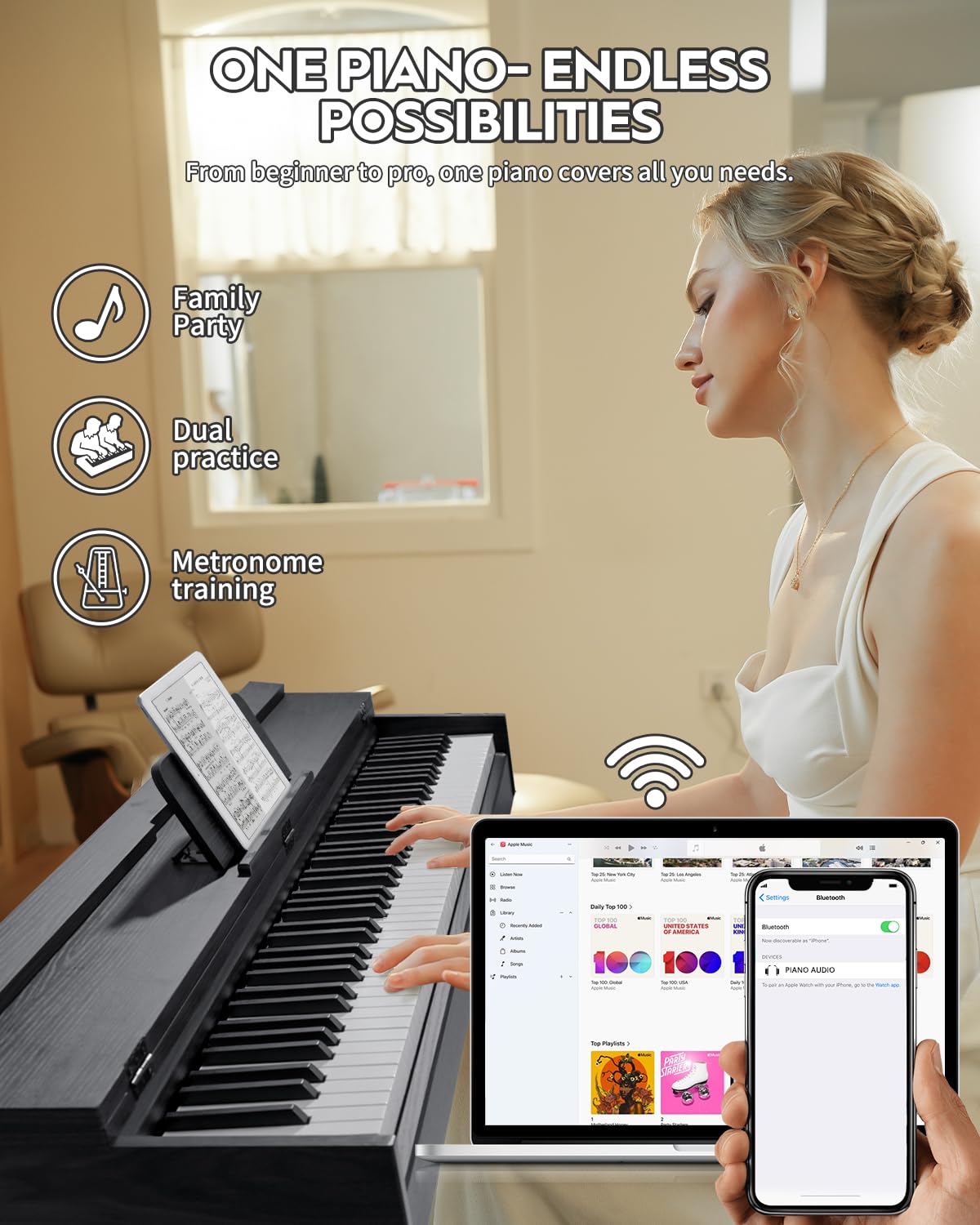 STRICH Piano numérique à 88 touches, clavier lesté à action marteau, couverture de bureau complète avec support, haut-parleurs 25 W x 2, écouteurs, trois pédales, SDP-350S (couleur noir)