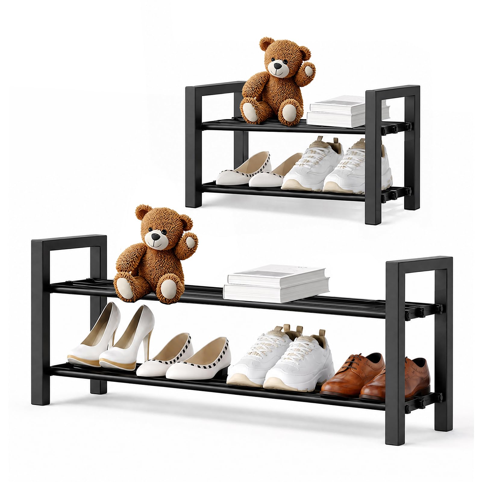 MIKVOYO 2 Tier Expandable Shoe Rack, Adjustable Heavy Duty Storage Organizer, Free Standing Metal Shoe Shelf for Entryway Closet Hallway Badroom, Black