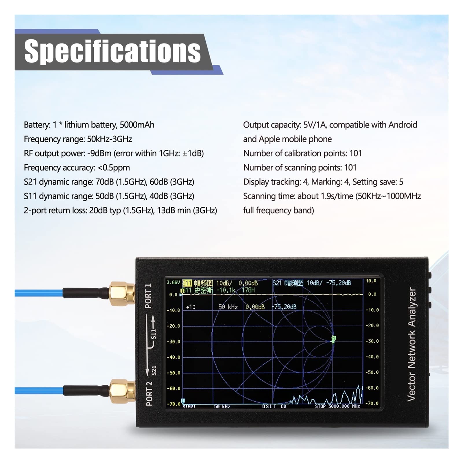 Spectrum Analyzer, V2 Vector Network Analyzer Digital Nano VNA Próbnik MF HF VHF UHF USB Analizator anteny logicznej Parametry S, stosunek fali stojącej napięcia(2.8 inch V2)